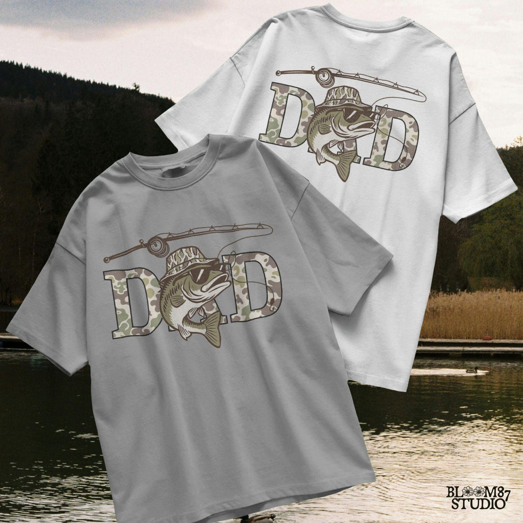 A funny camo bass fish wearing sunglasses and a camo bucket hat, with large camouflage DAD lettering and a fishing pole above.