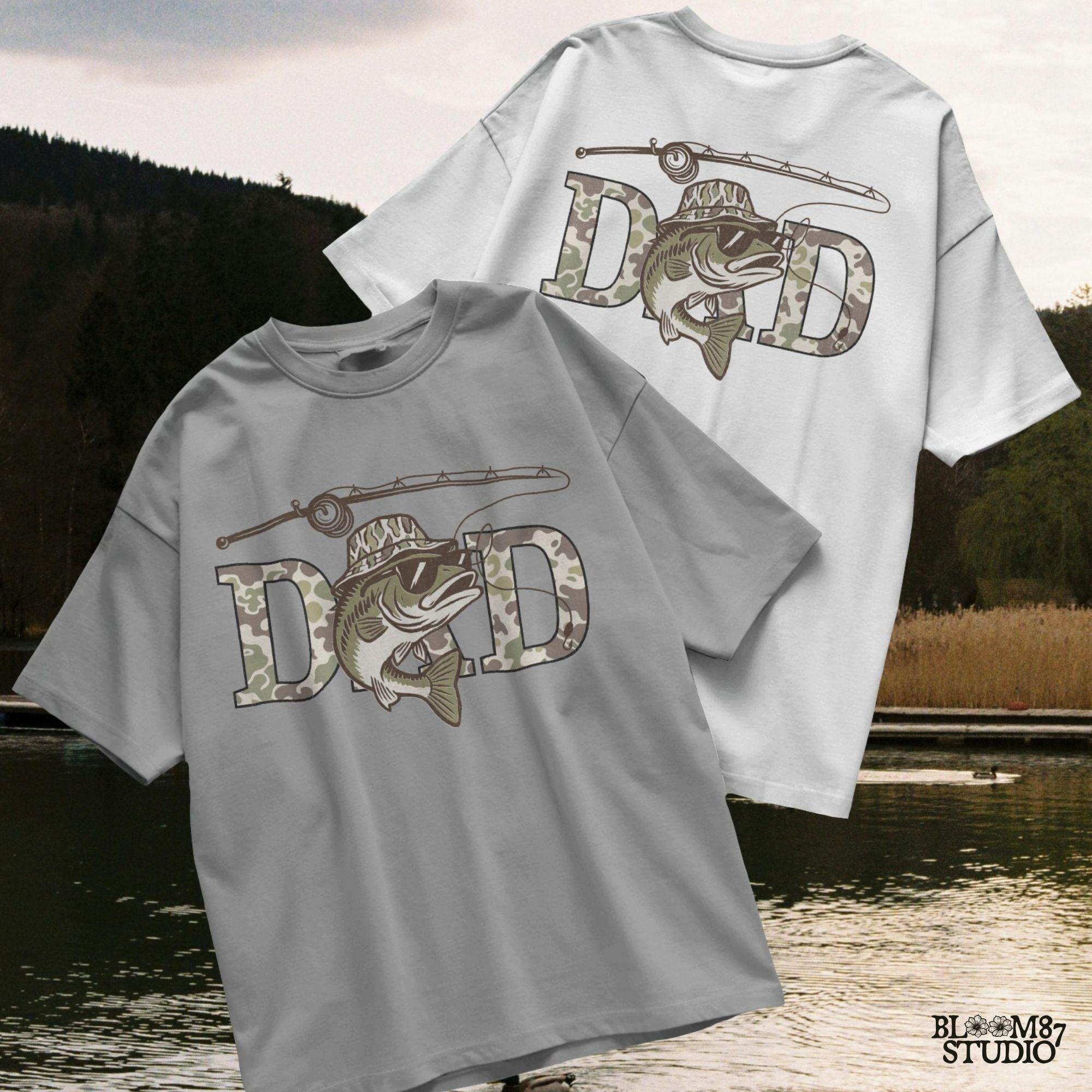 A funny camo bass fish wearing sunglasses and a camo bucket hat, with large camouflage DAD lettering and a fishing pole above.