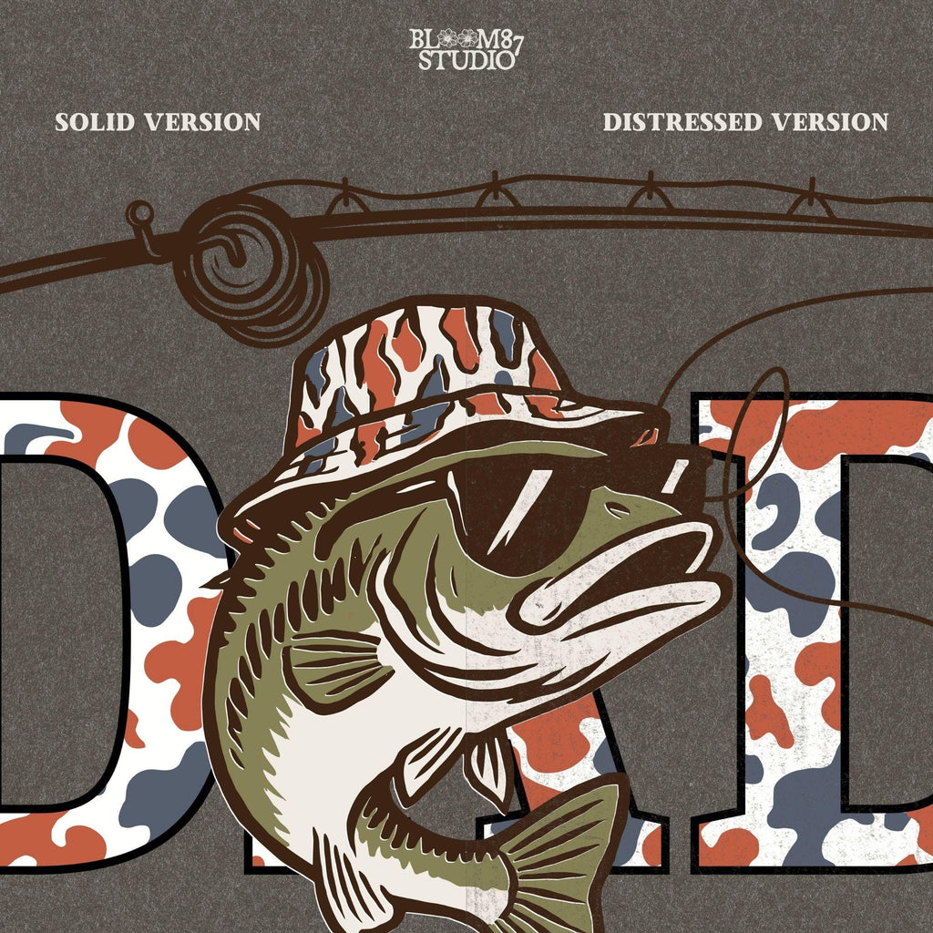 A cool bass fish wearing sunglasses and a bucket hat over red white and blue camo letters spelling DAD, with a fishing rod above.