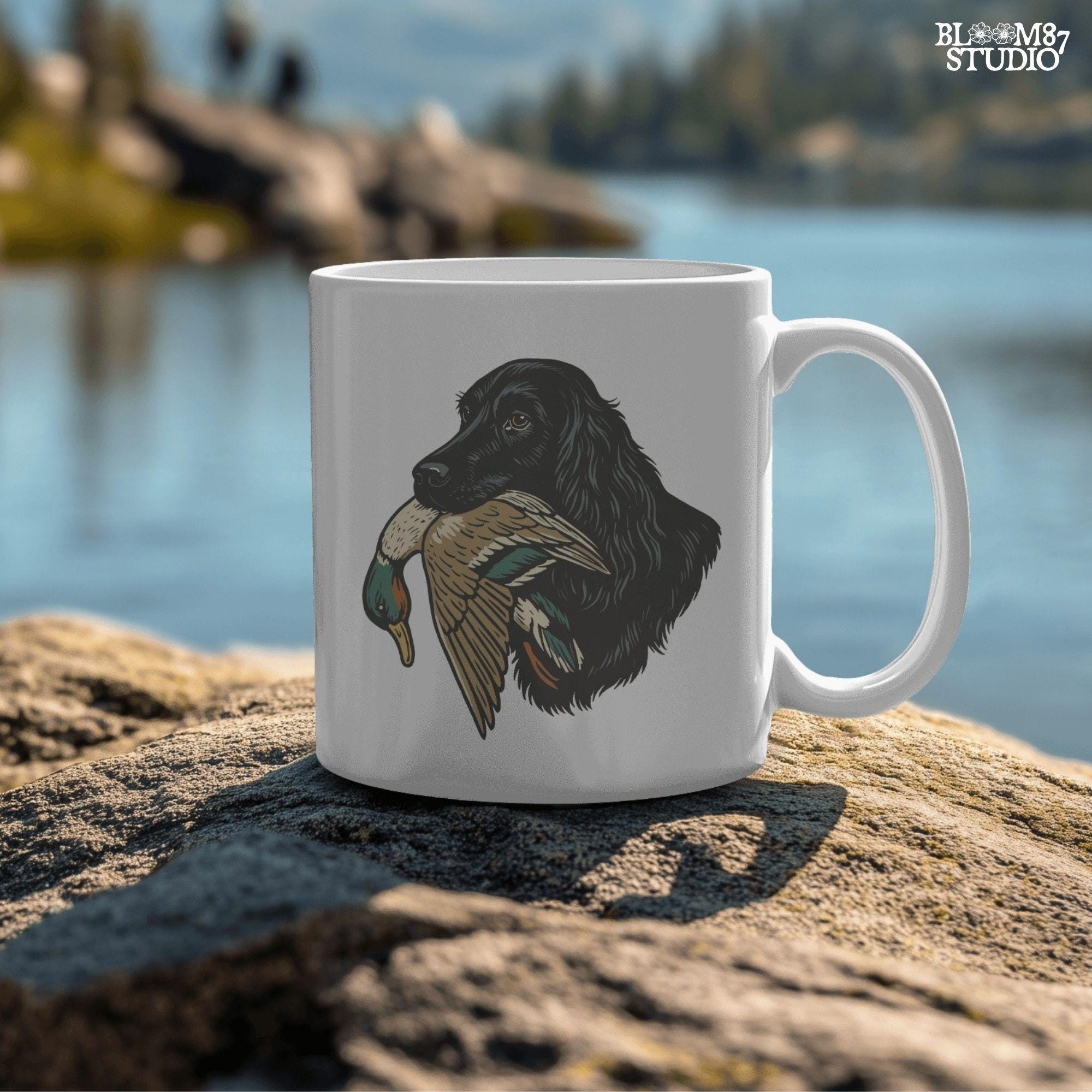 Hunting dog with duck in mouth, black retriever hunting illustration for outdoorsmen and fall hunting season designs