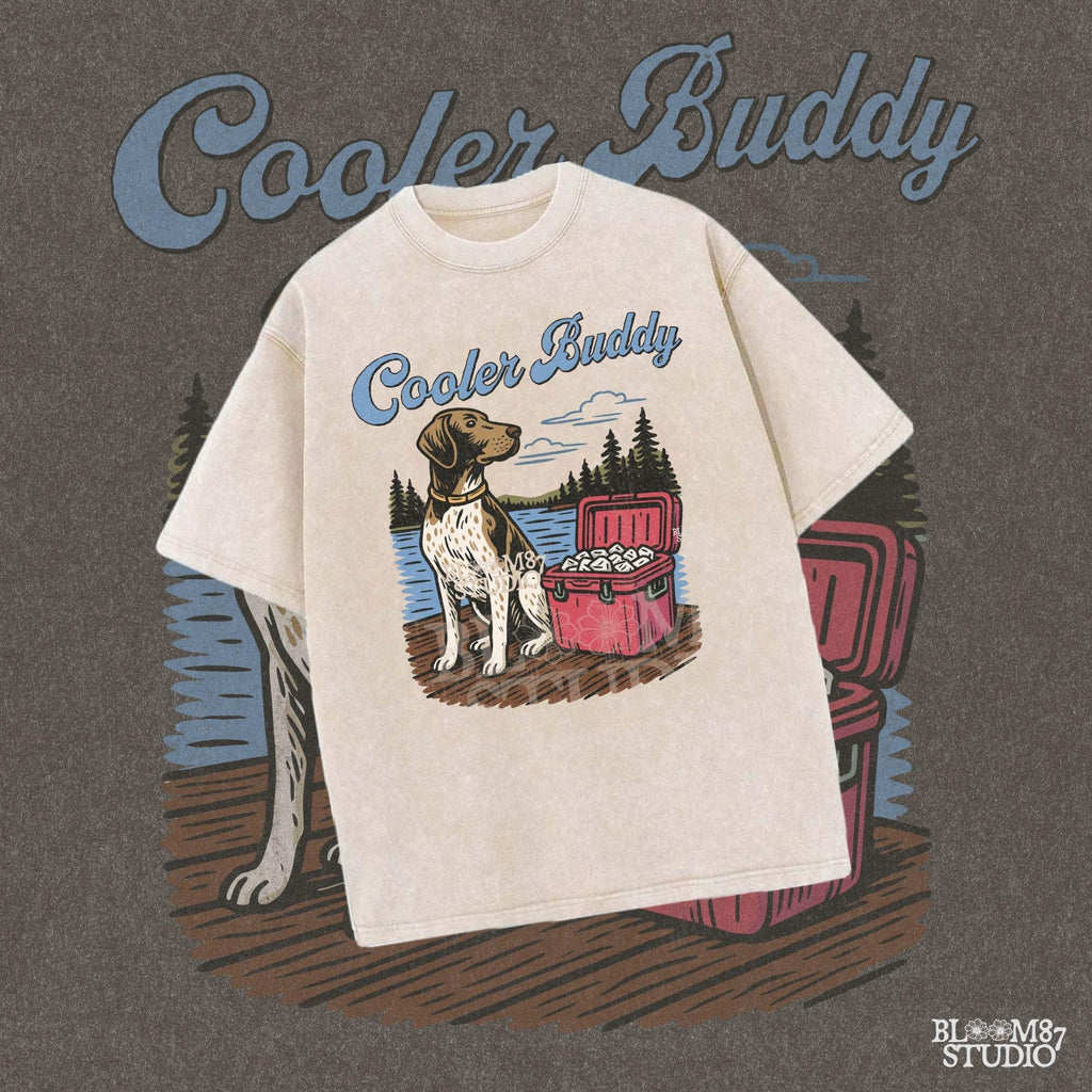 German Shorthaired Pointer dog sitting on dock next to cooler full of ice at lake, perfect summer outdoors dog PNG