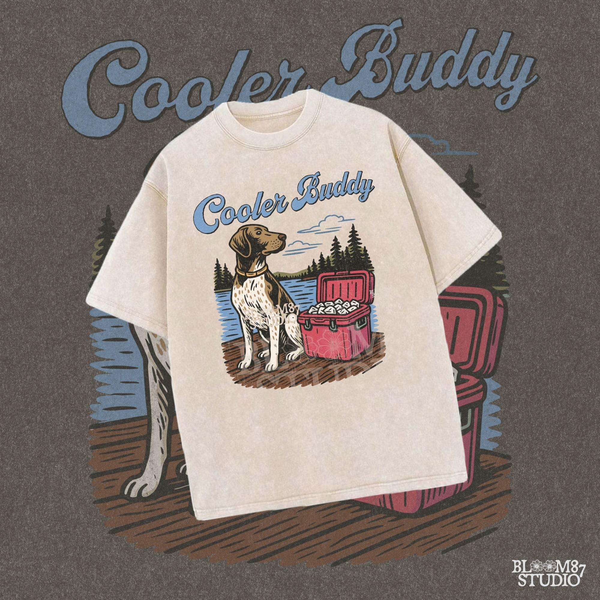 German Shorthaired Pointer dog sitting on dock next to cooler full of ice at lake, perfect summer outdoors dog PNG