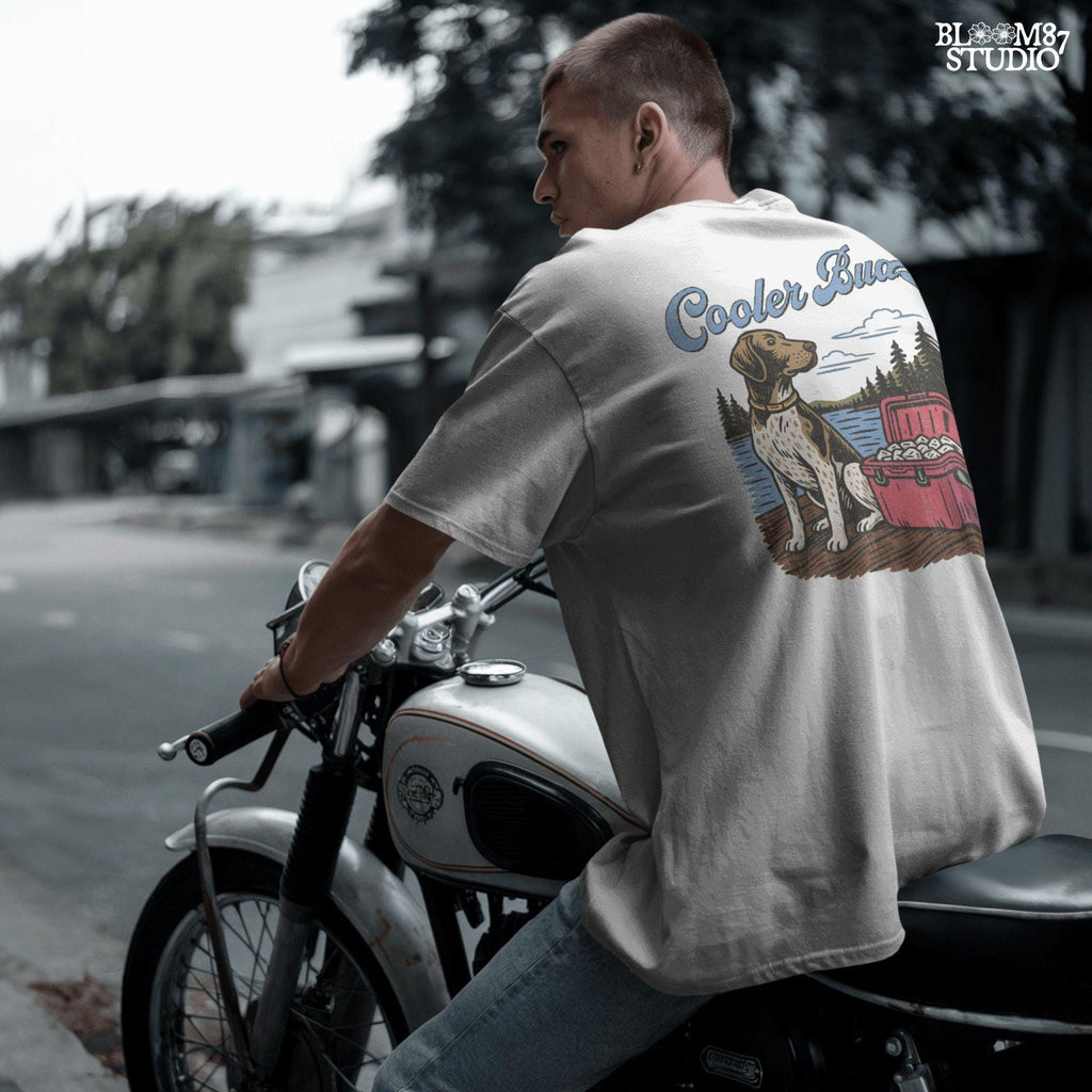 German Shorthaired Pointer dog sitting on dock next to cooler full of ice at lake, perfect summer outdoors dog PNG