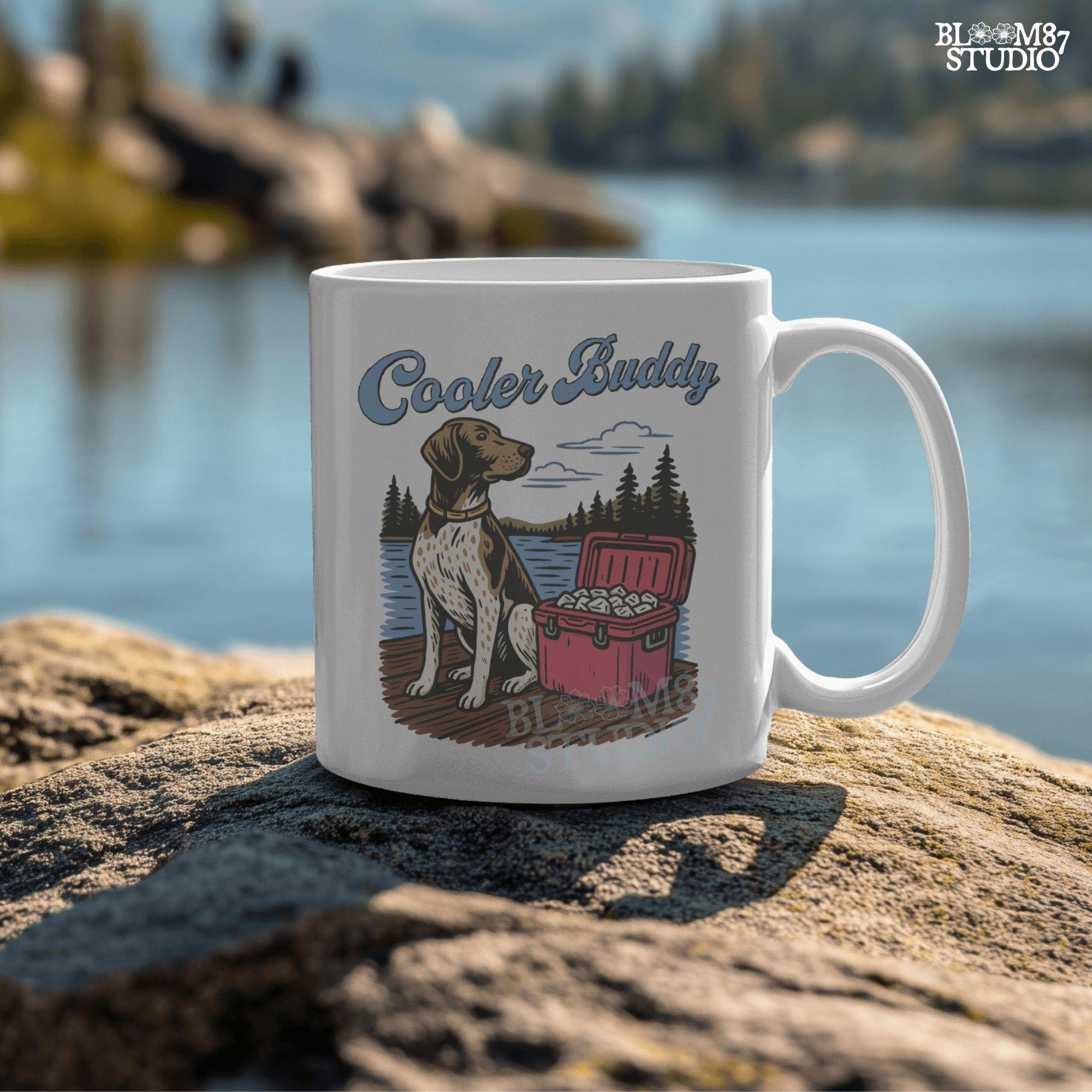 German Shorthaired Pointer dog sitting on dock next to cooler full of ice at lake, perfect summer outdoors dog PNG