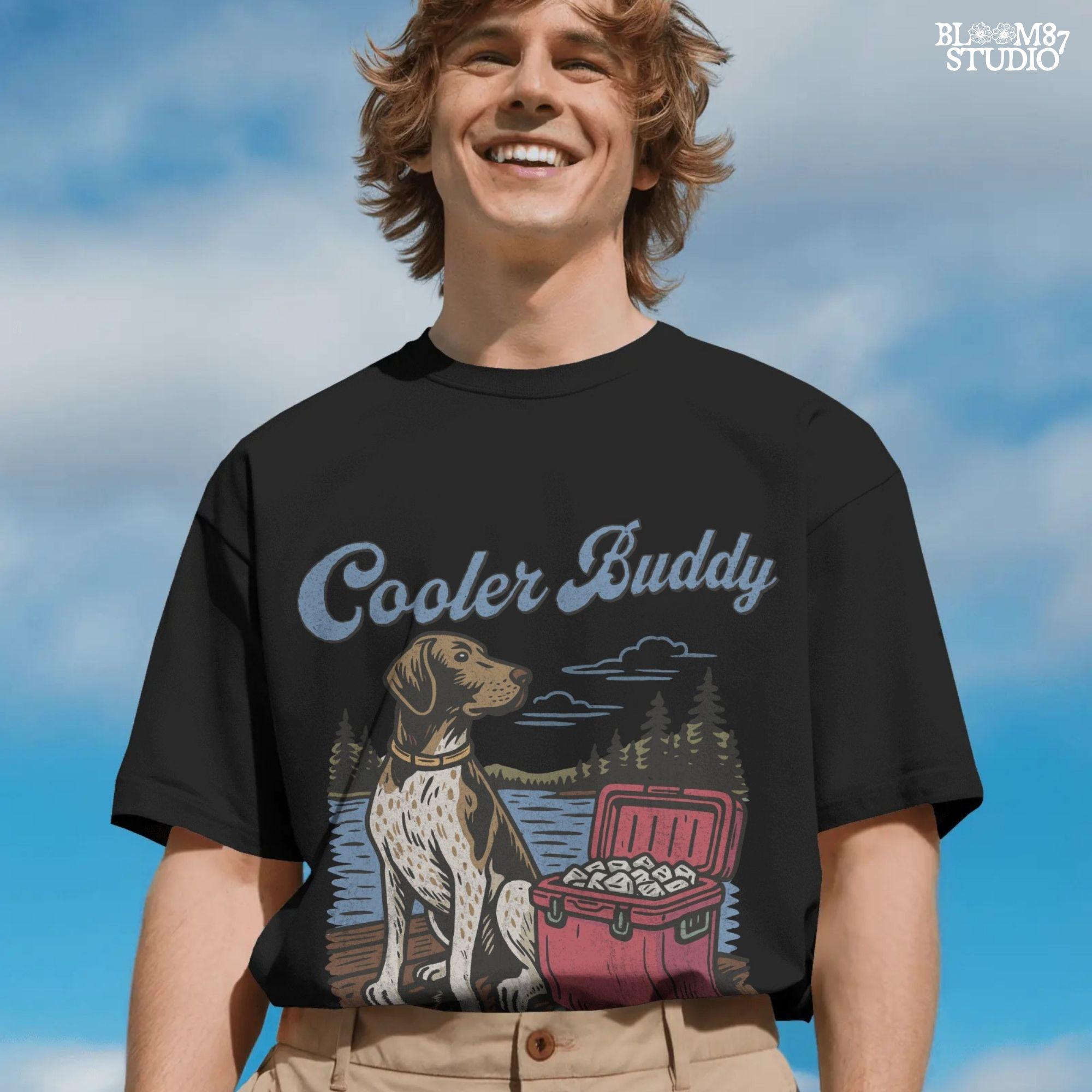 German Shorthaired Pointer dog sitting on dock next to cooler full of ice at lake, perfect summer outdoors dog PNG