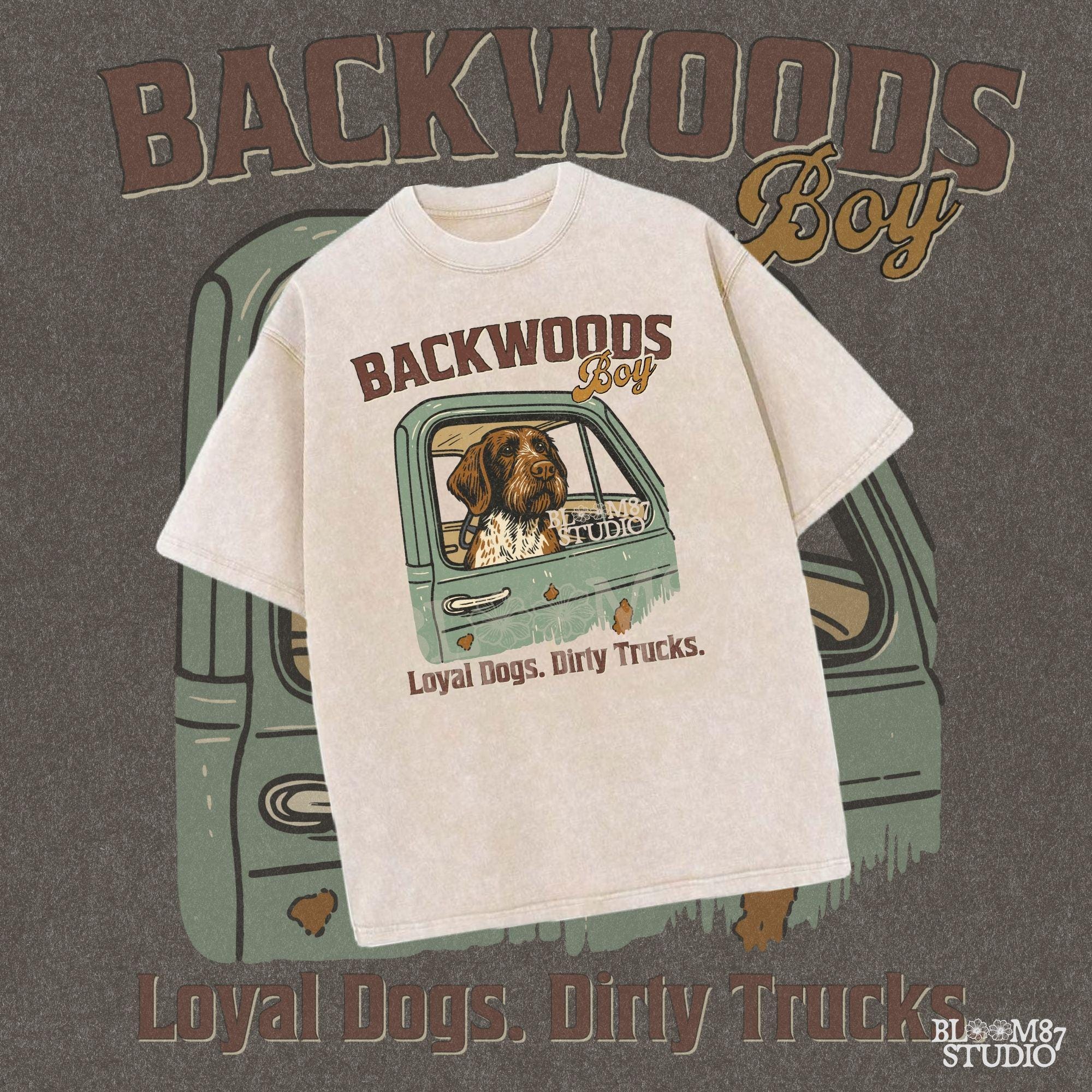 German Wirehaired Pointer hunting dog in rustic truck window with text “Backwoods Boy” and phrase “Loyal Dogs. Dirty Trucks.”