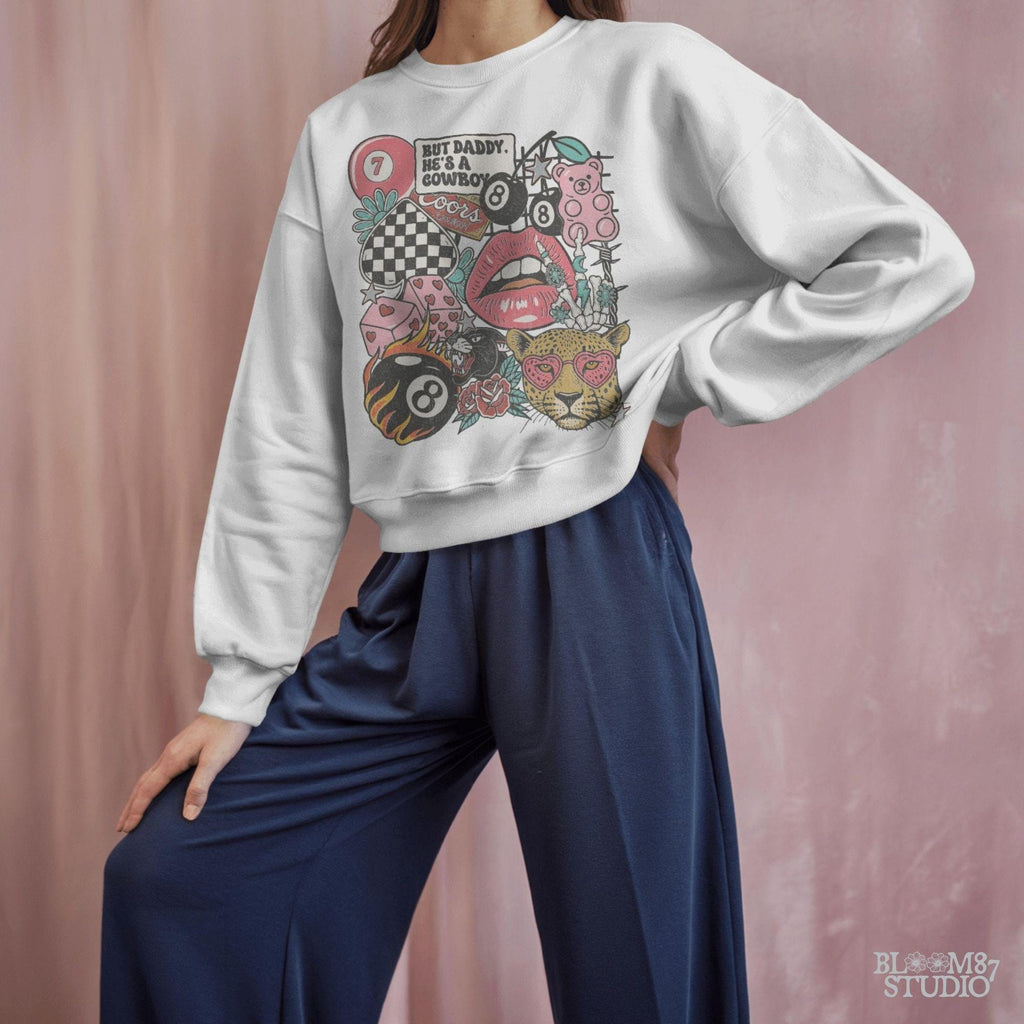 Western howdy collage PNG with “But Daddy He’s a Cowboy” quote, leopard with heart sunglasses, lips, 8 balls, dice, pink bear, and checkerboard.