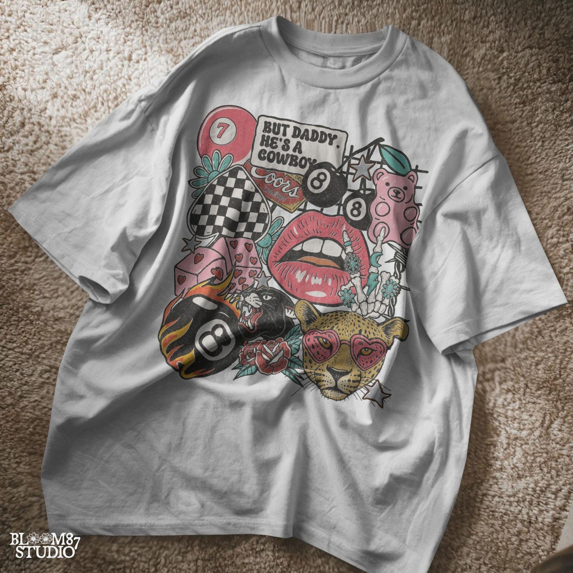 Western howdy collage PNG with “But Daddy He’s a Cowboy” quote, leopard with heart sunglasses, lips, 8 balls, dice, pink bear, and checkerboard.