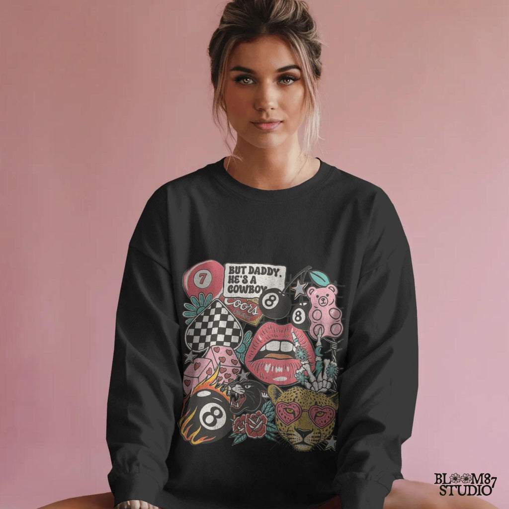 Western howdy collage PNG with “But Daddy He’s a Cowboy” quote, leopard with heart sunglasses, lips, 8 balls, dice, pink bear, and checkerboard.