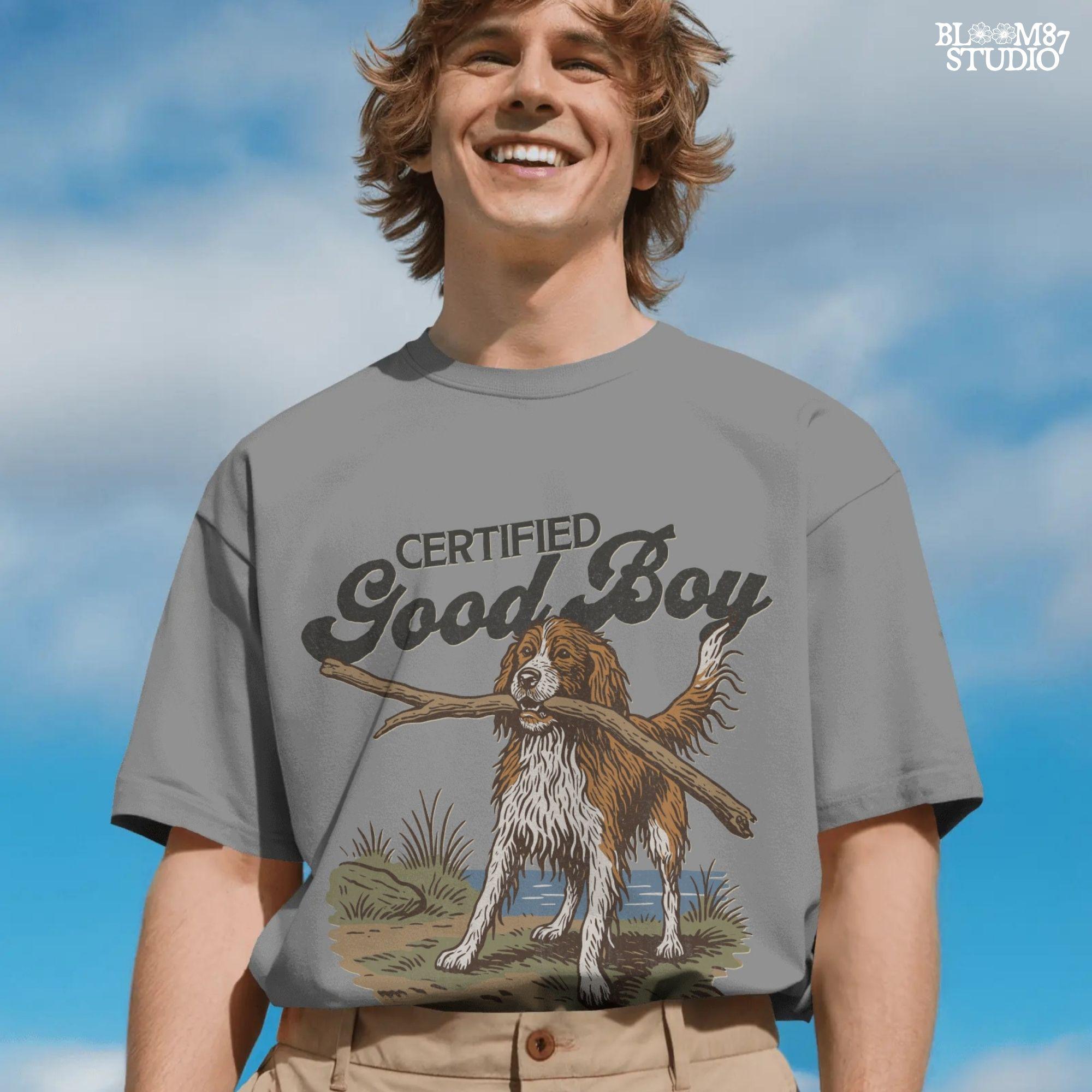 Brittany Spaniel dog holding a stick with text Certified Good Boy and Backwoods Life Club, rustic hunting dog art