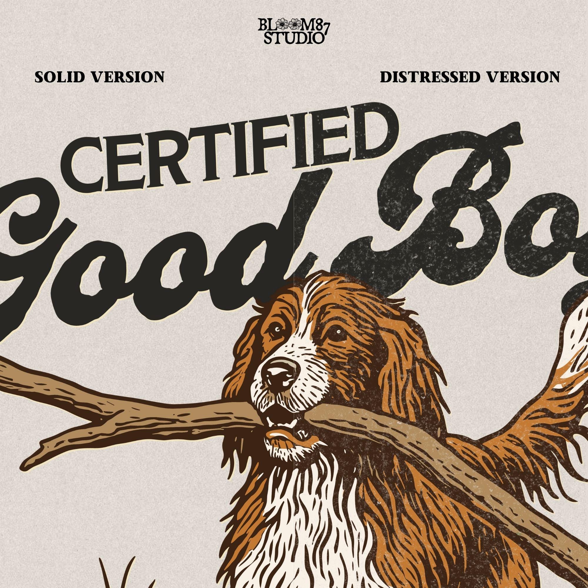 Brittany Spaniel dog holding a stick with text Certified Good Boy and Backwoods Life Club, rustic hunting dog art