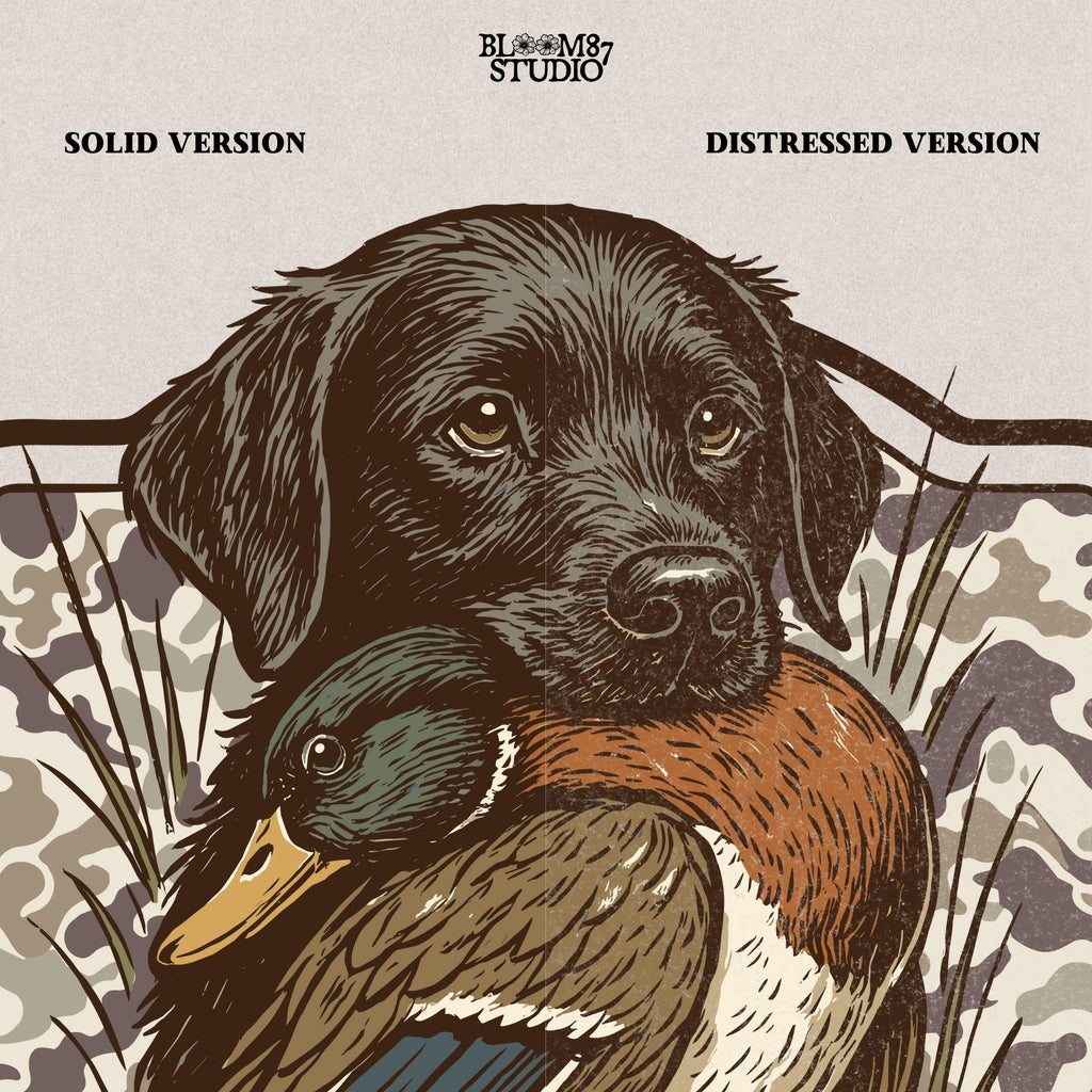 Black Labrador retriever holding a mallard duck with a camouflage background, perfect for hunting or outdoors-themed designs.
