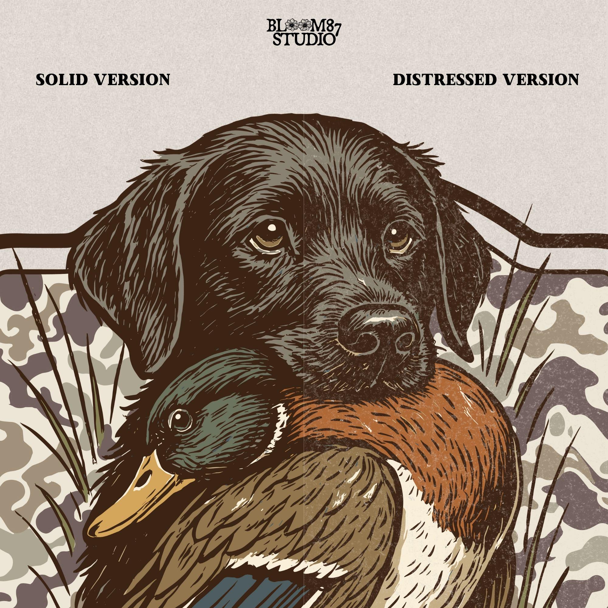 Black Labrador retriever holding a mallard duck with a camouflage background, perfect for hunting or outdoors-themed designs.