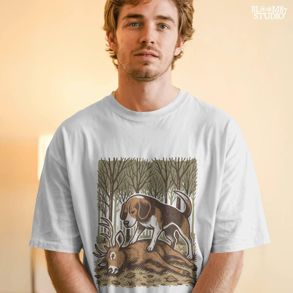 Beagle hunting dog standing over a fallen deer in an autumn forest, rustic clipart perfect for hunting-themed designs and outdoors projects.