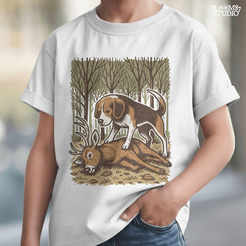 Beagle hunting dog standing over a fallen deer in an autumn forest, rustic clipart perfect for hunting-themed designs and outdoors projects.