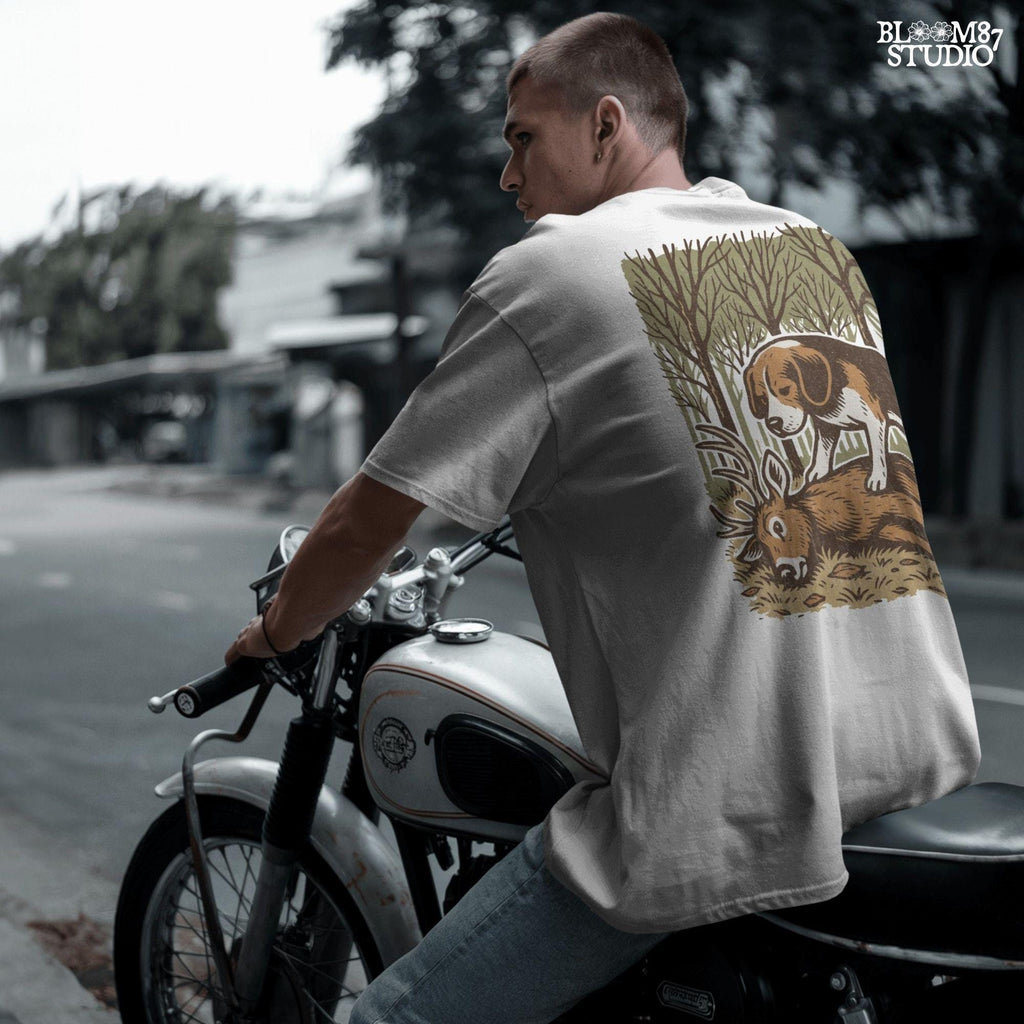 Beagle hunting dog standing over a fallen deer in an autumn forest, rustic clipart perfect for hunting-themed designs and outdoors projects.