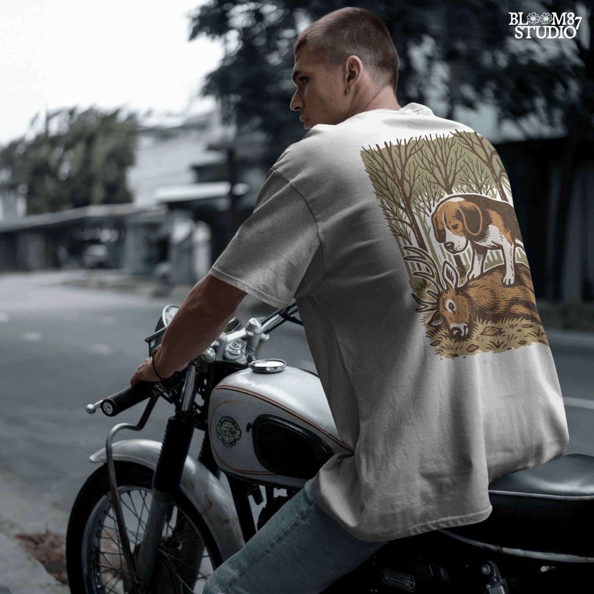 Beagle hunting dog standing over a fallen deer in an autumn forest, rustic clipart perfect for hunting-themed designs and outdoors projects.