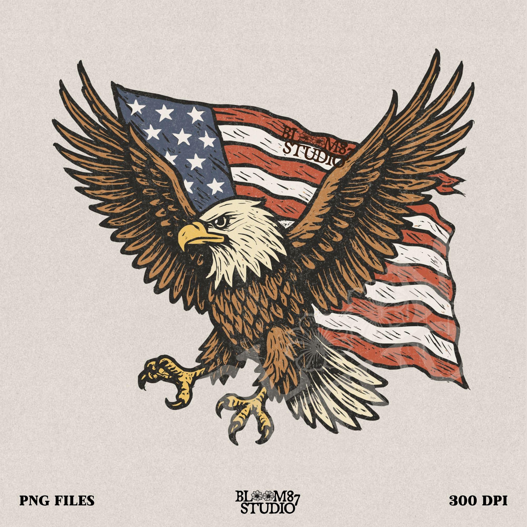 Fierce bald eagle flying with wings spread wide in front of a waving American flag, illustrated in vintage patriotic style.