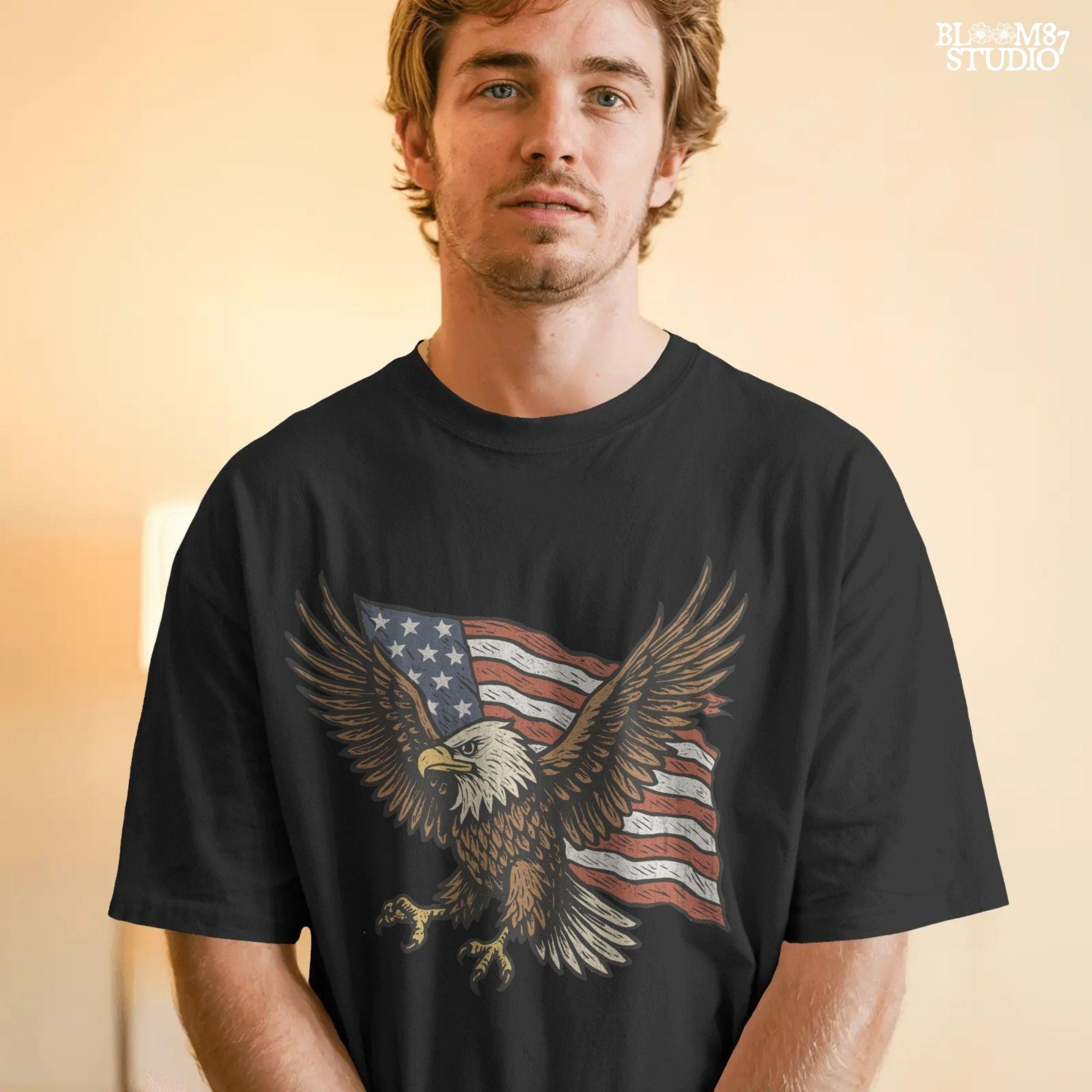 Fierce bald eagle flying with wings spread wide in front of a waving American flag, illustrated in vintage patriotic style.