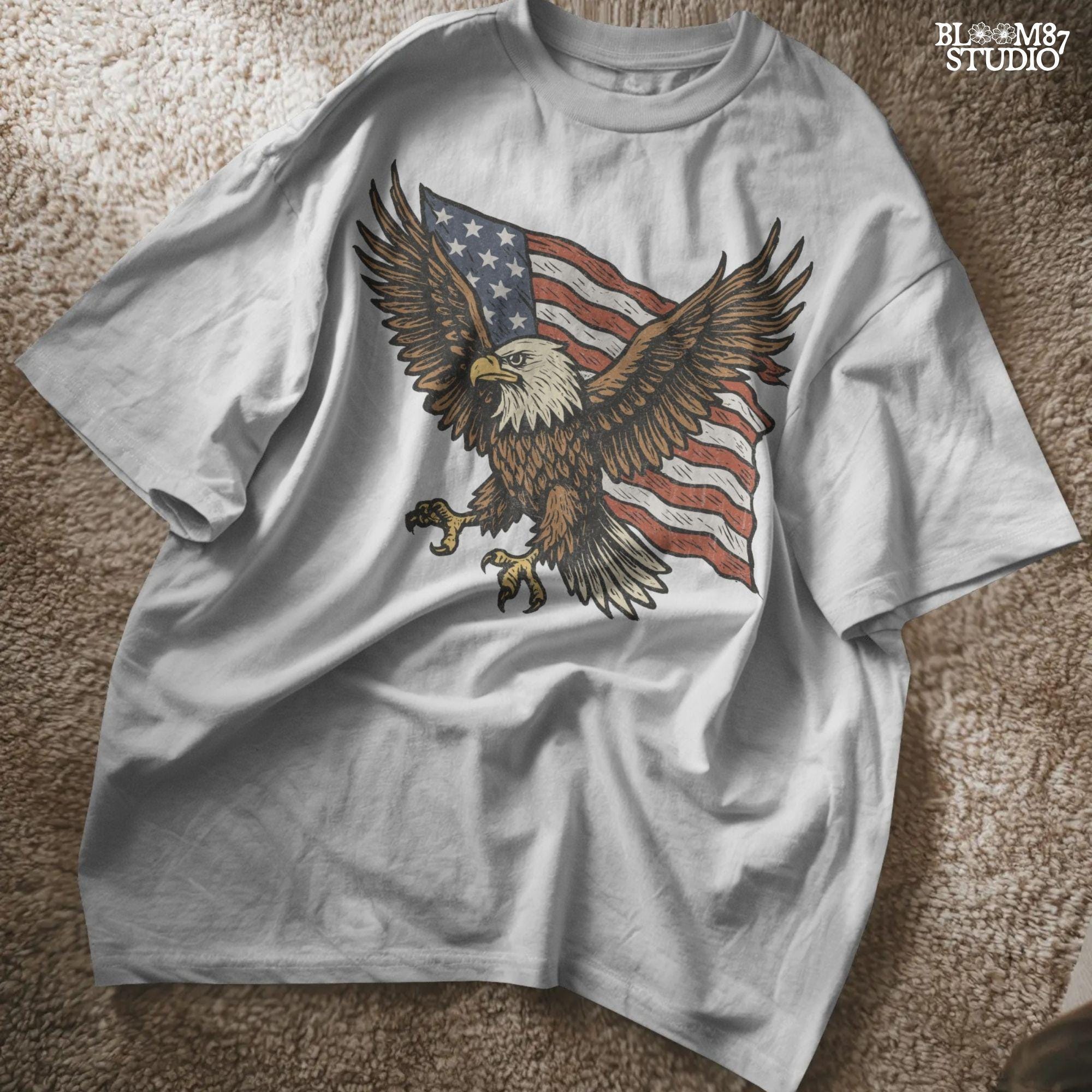 Fierce bald eagle flying with wings spread wide in front of a waving American flag, illustrated in vintage patriotic style.