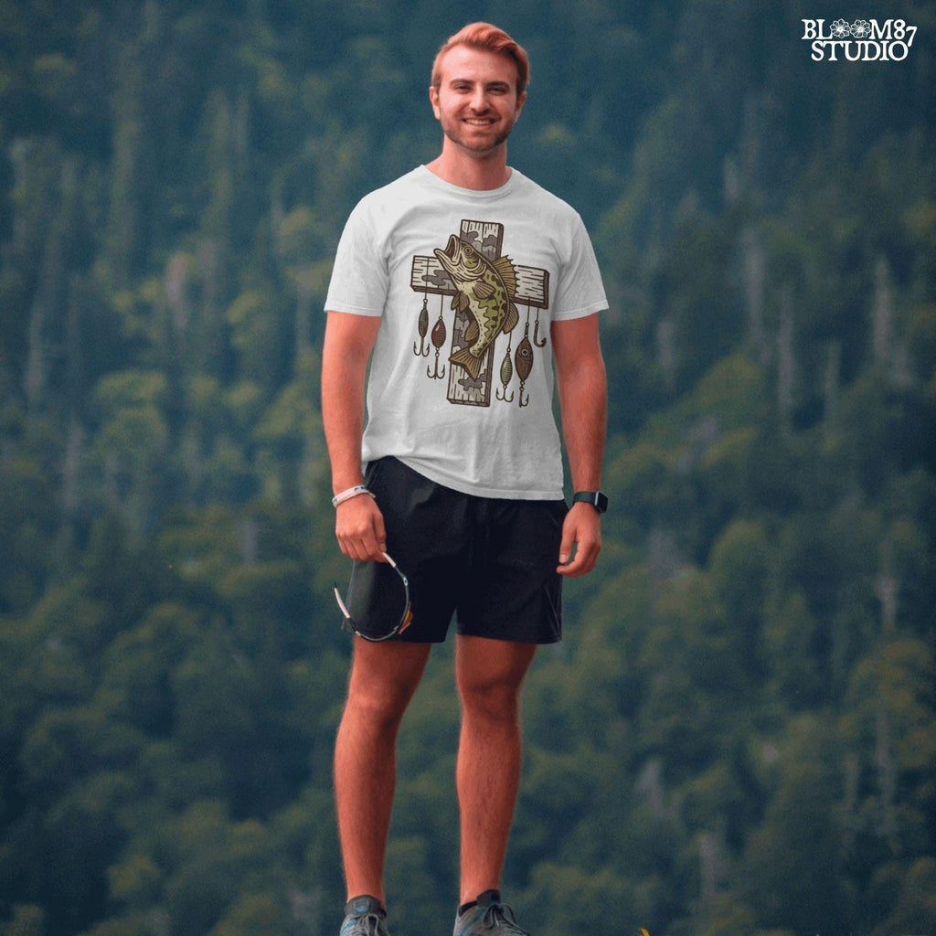 Illustrated trout leaping from the river surrounded by reeds and pine trees, perfect for summer fishing and outdoor adventure designs.