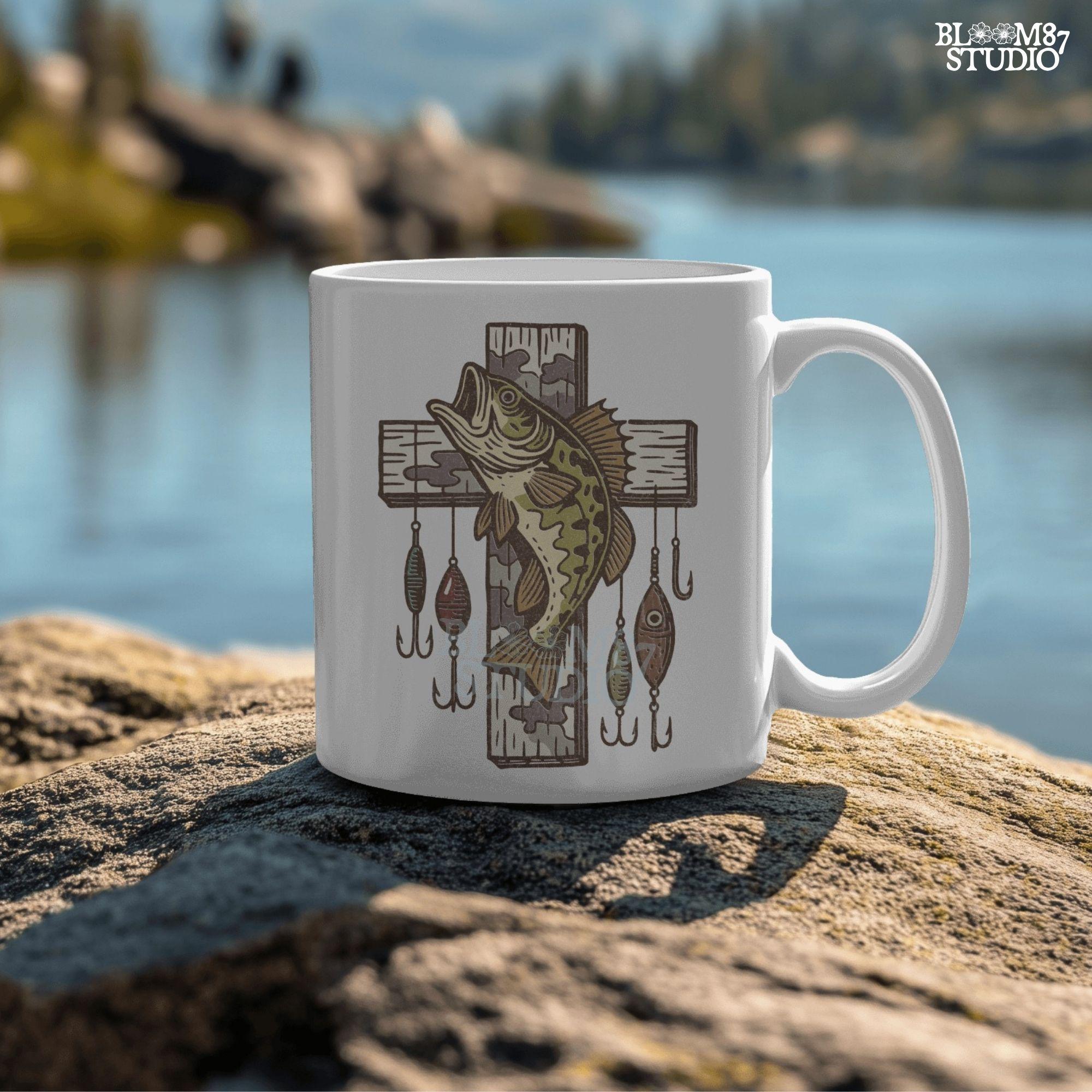 Illustrated trout leaping from the river surrounded by reeds and pine trees, perfect for summer fishing and outdoor adventure designs.