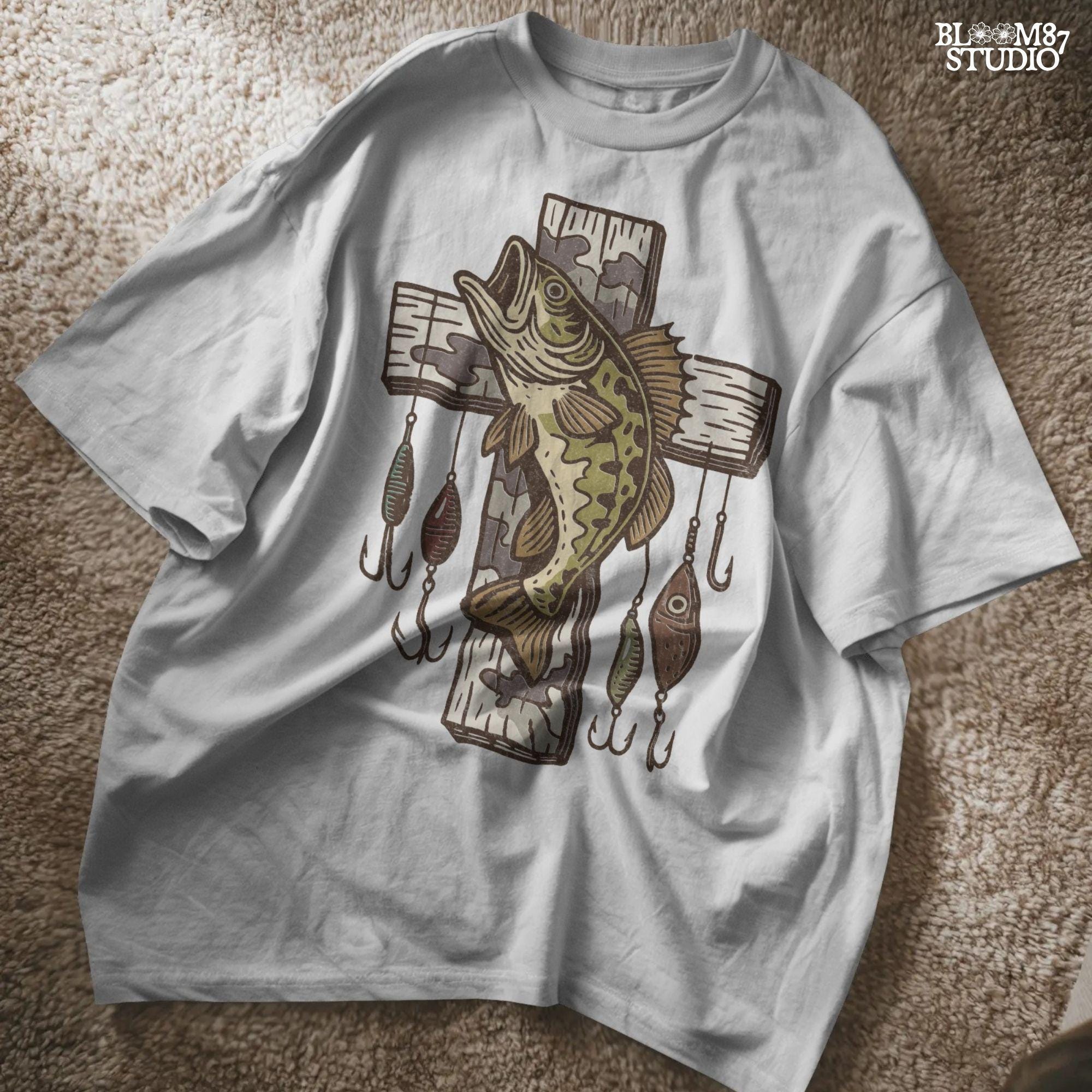 Illustrated trout leaping from the river surrounded by reeds and pine trees, perfect for summer fishing and outdoor adventure designs.