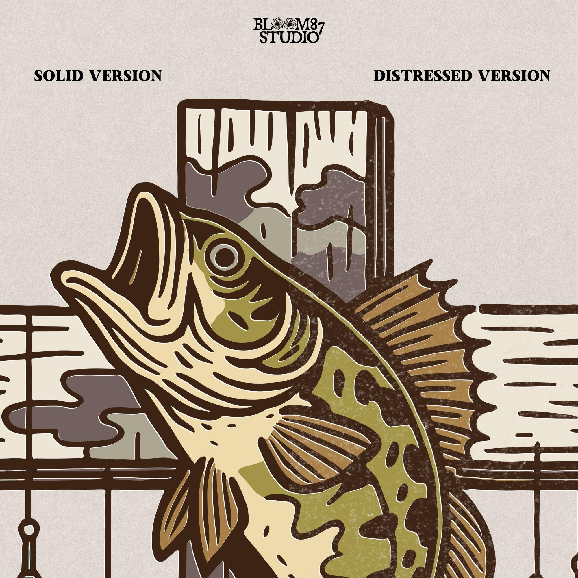 Illustrated trout leaping from the river surrounded by reeds and pine trees, perfect for summer fishing and outdoor adventure designs.