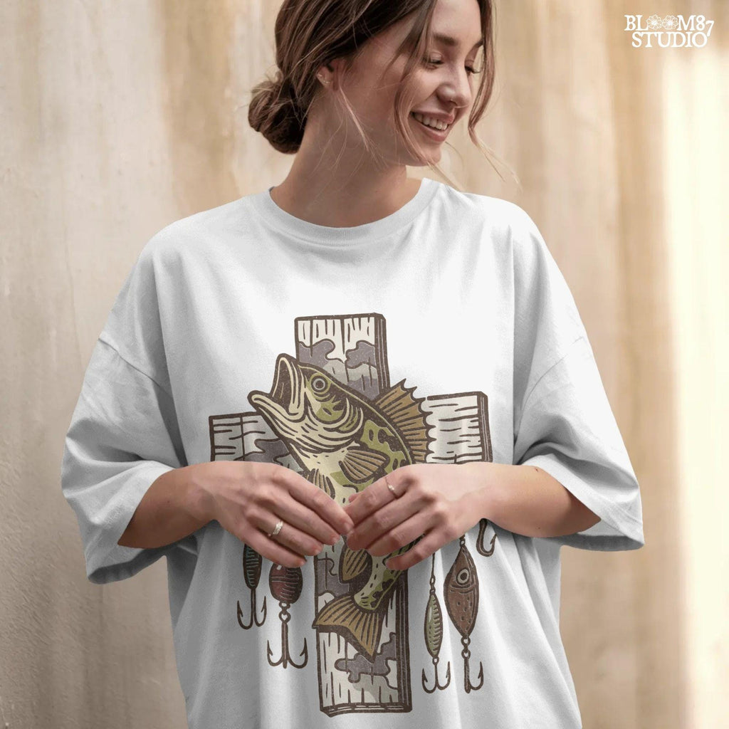 Illustrated trout leaping from the river surrounded by reeds and pine trees, perfect for summer fishing and outdoor adventure designs.