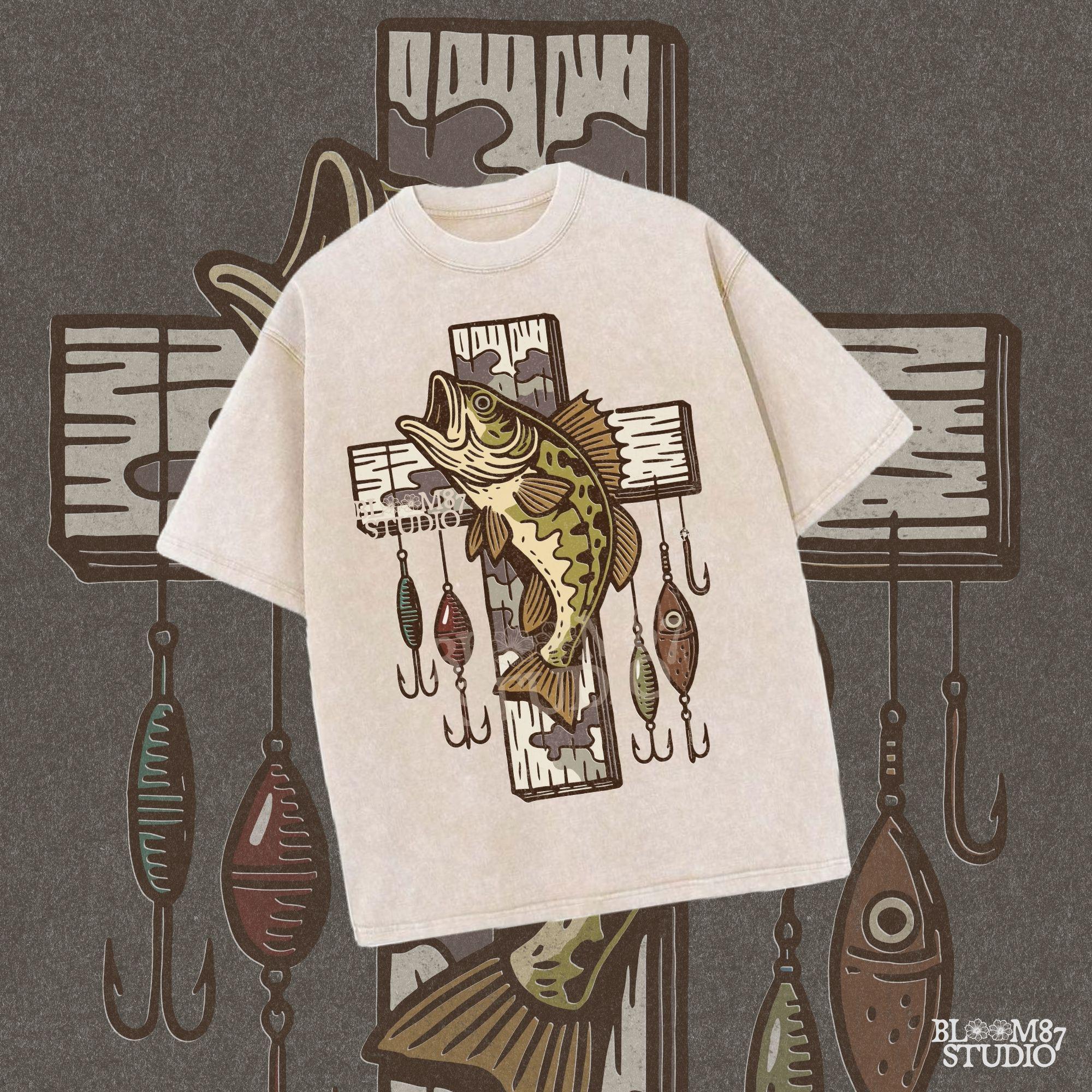 Illustrated trout leaping from the river surrounded by reeds and pine trees, perfect for summer fishing and outdoor adventure designs.