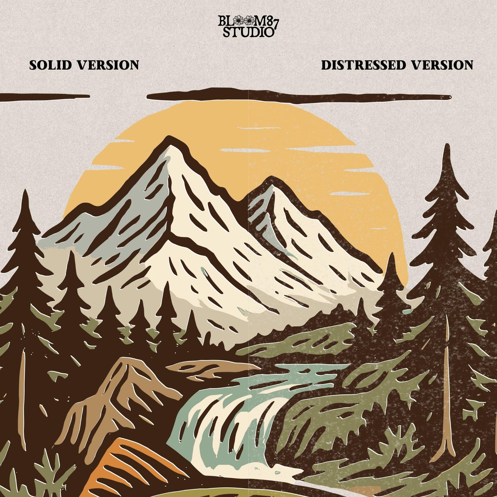 Colorful trout leaping in front of a scenic mountain river with pine trees and a waterfall at sunset, perfect for summer fishing designs.