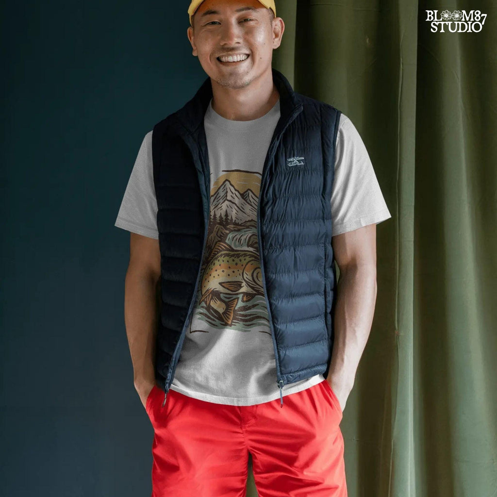 Colorful trout leaping in front of a scenic mountain river with pine trees and a waterfall at sunset, perfect for summer fishing designs.