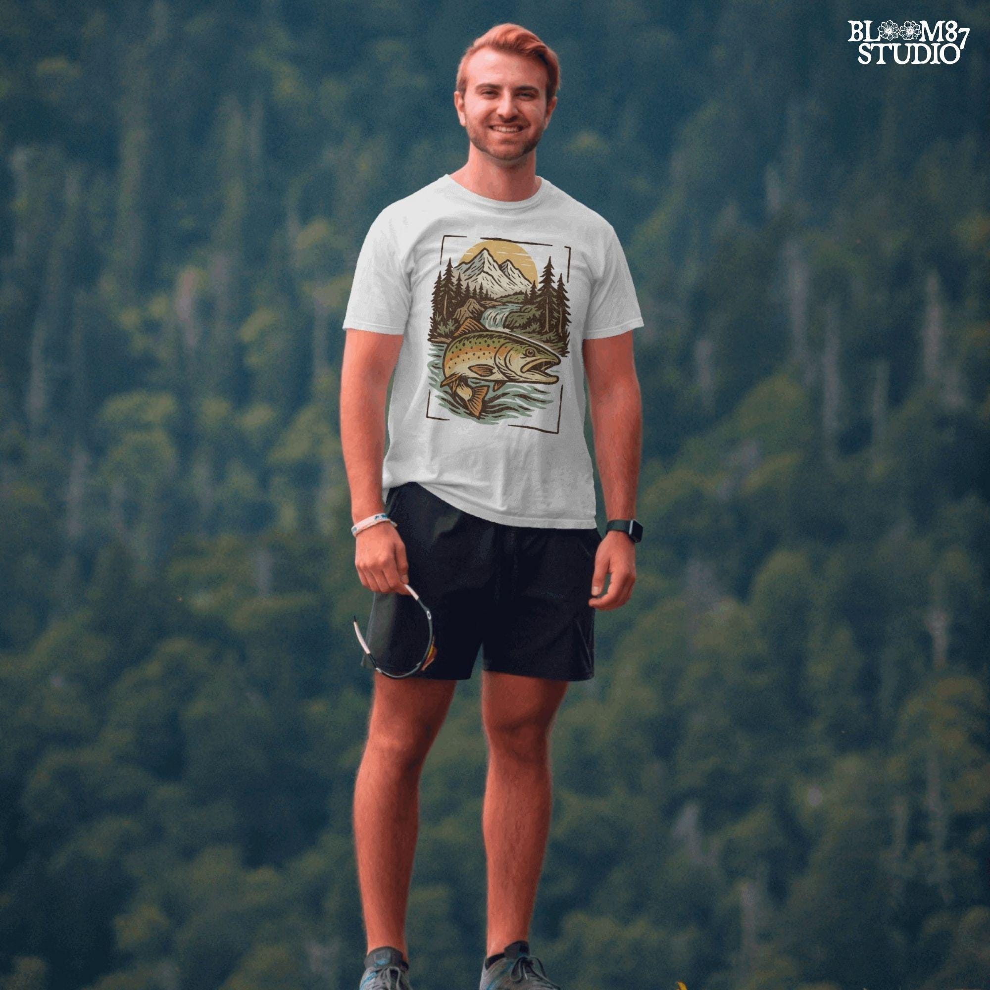 Colorful trout leaping in front of a scenic mountain river with pine trees and a waterfall at sunset, perfect for summer fishing designs.