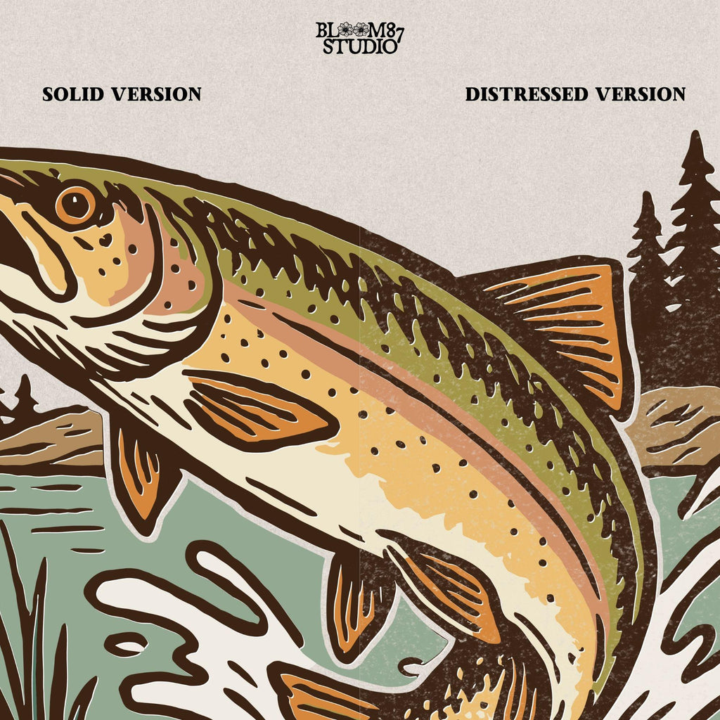 Illustrated trout leaping from the river surrounded by reeds and pine trees, perfect for summer fishing and outdoor adventure designs.