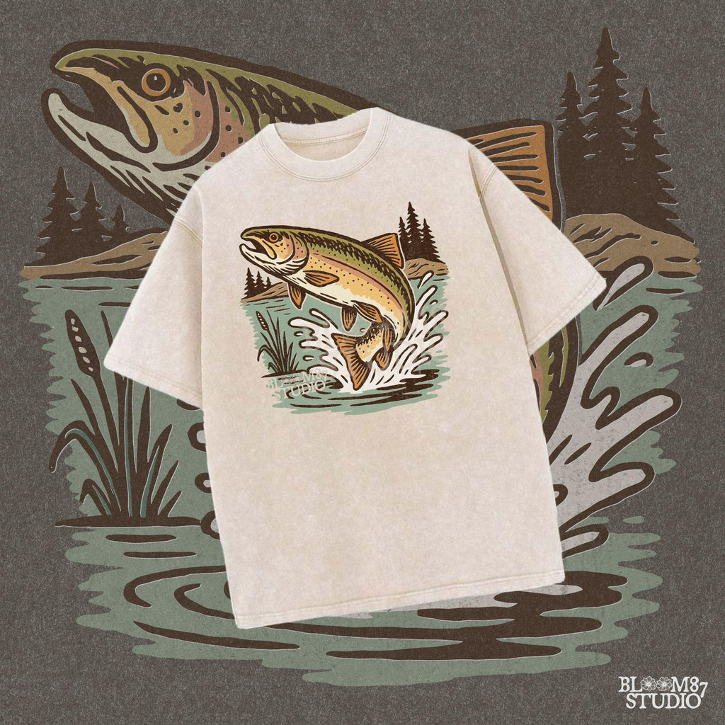 Illustrated trout leaping from the river surrounded by reeds and pine trees, perfect for summer fishing and outdoor adventure designs.