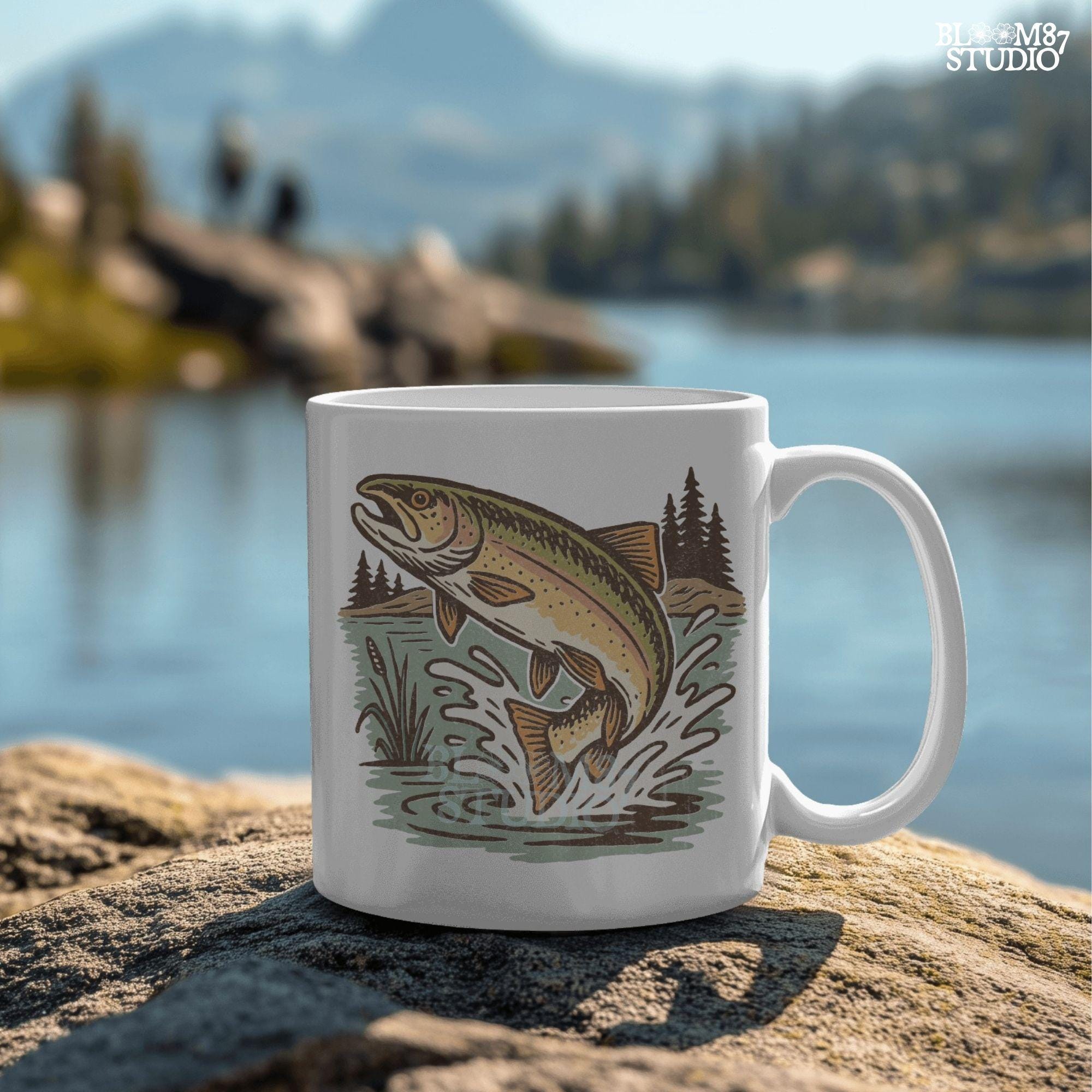Illustrated trout leaping from the river surrounded by reeds and pine trees, perfect for summer fishing and outdoor adventure designs.