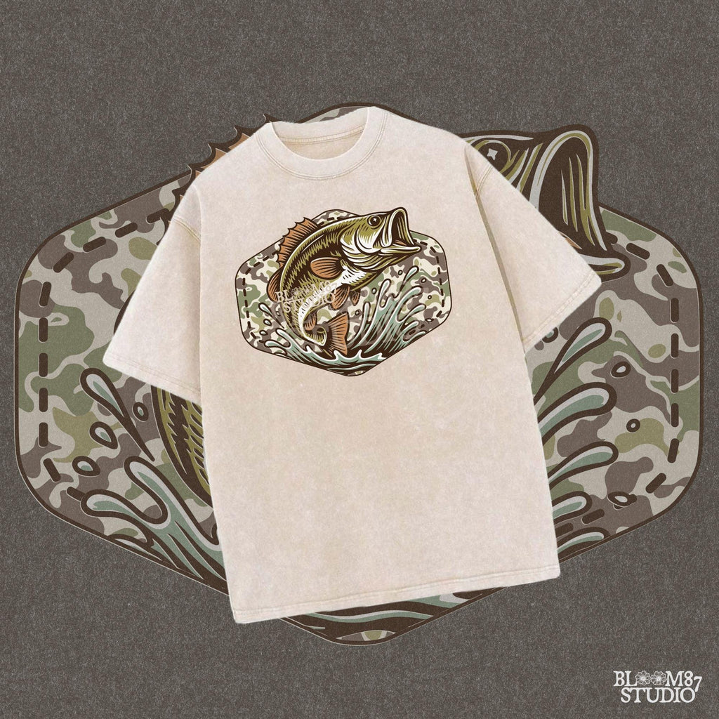 Jumping bass fish over camouflage background with splashing water, perfect for summer fishing and patriotic outdoor-themed designs.