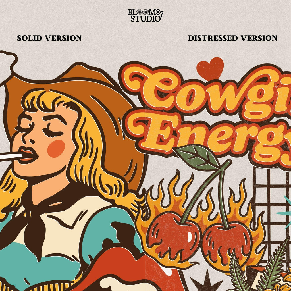 Retro cowgirl collage illustration with a blonde woman smoking, cowboy boots, cactus, leopard lips, cherries on fire, and wild western elements in bold vintage colors.