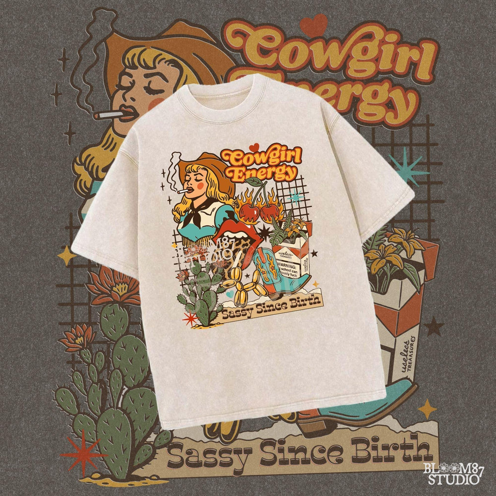 Retro cowgirl collage illustration with a blonde woman smoking, cowboy boots, cactus, leopard lips, cherries on fire, and wild western elements in bold vintage colors.