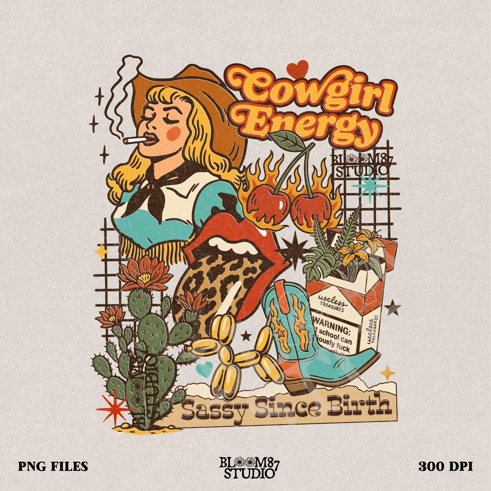 Retro cowgirl collage illustration with a blonde woman smoking, cowboy boots, cactus, leopard lips, cherries on fire, and wild western elements in bold vintage colors.