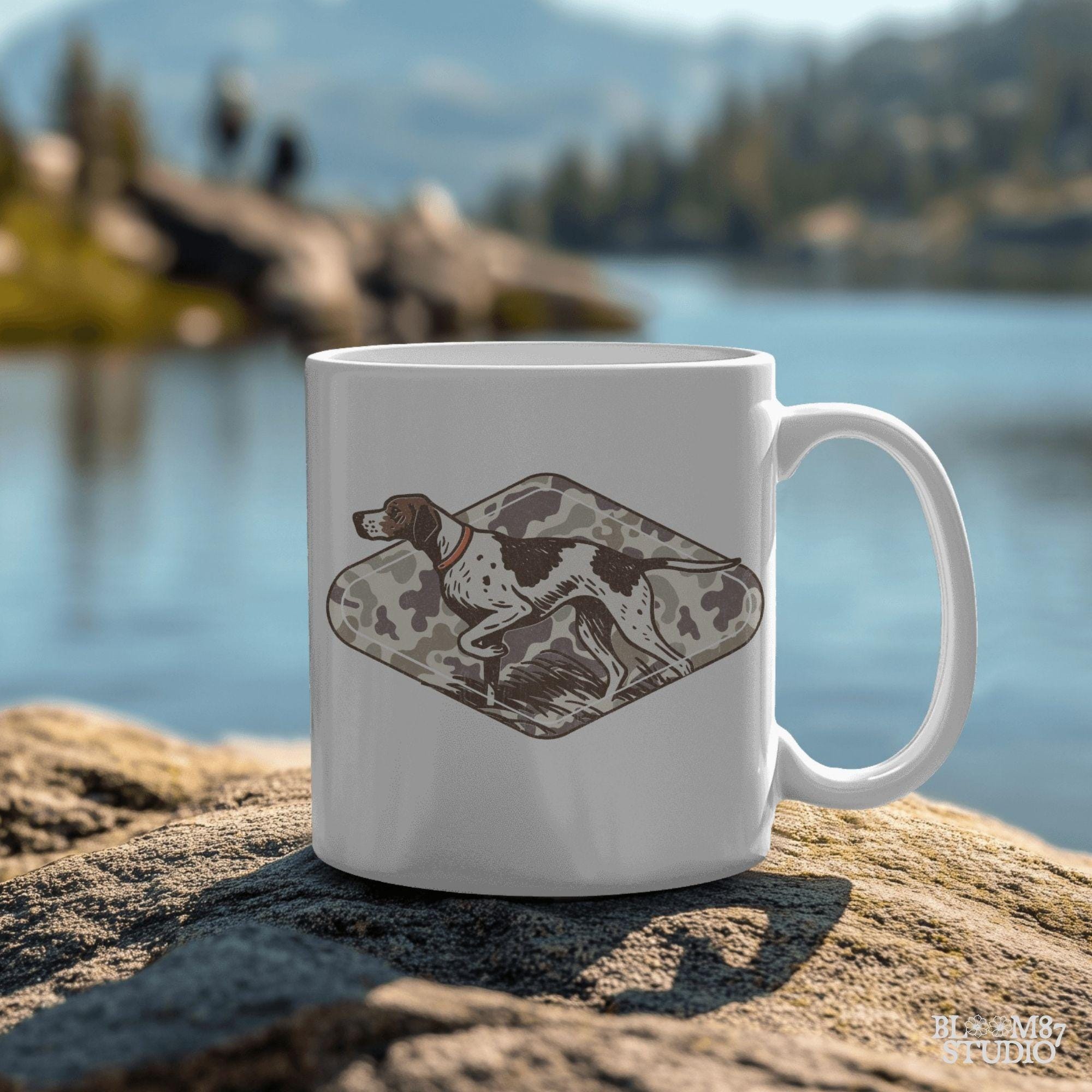 Illustration of a pointer hunting dog in a classic pointing stance on a vintage camo background, designed for upland hunting and outdoor-themed projects.