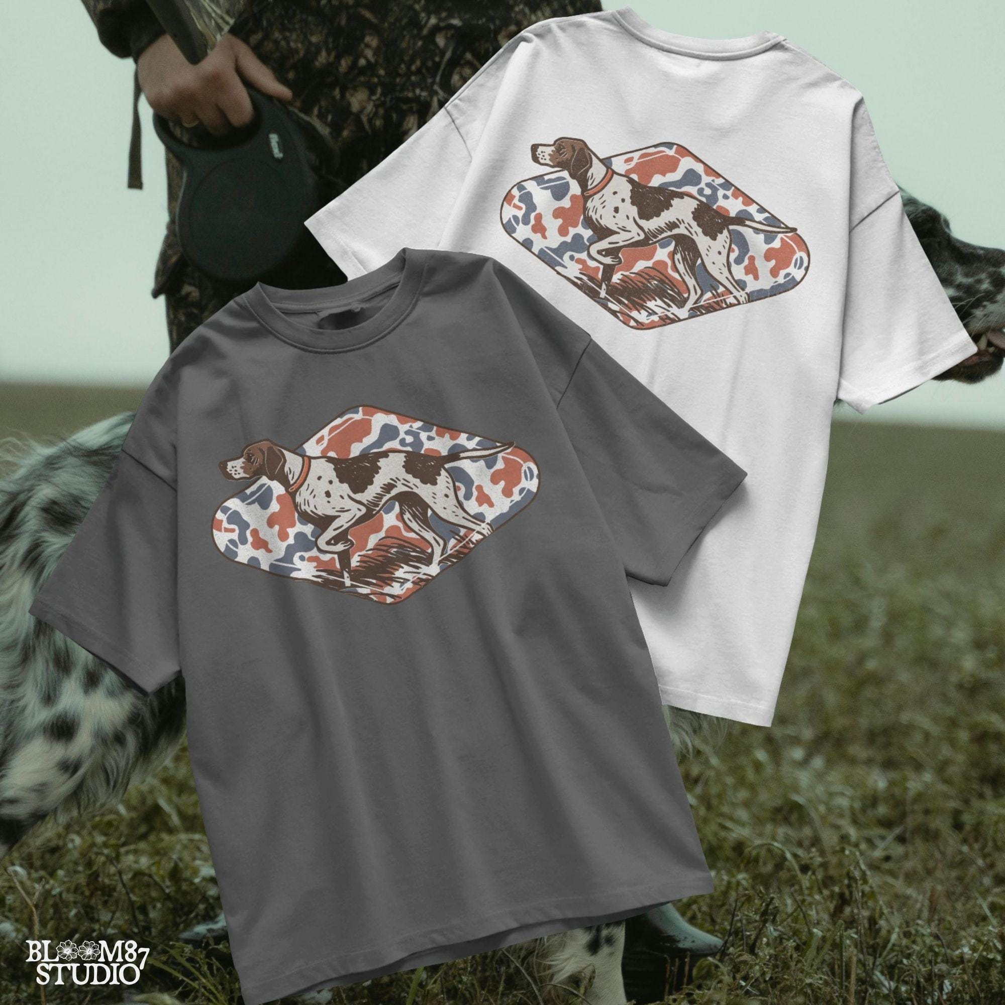 Patriotic illustration of a pointing hunting dog in red, white, and blue camo background, perfect for upland hunting fans and 4th of July projects.