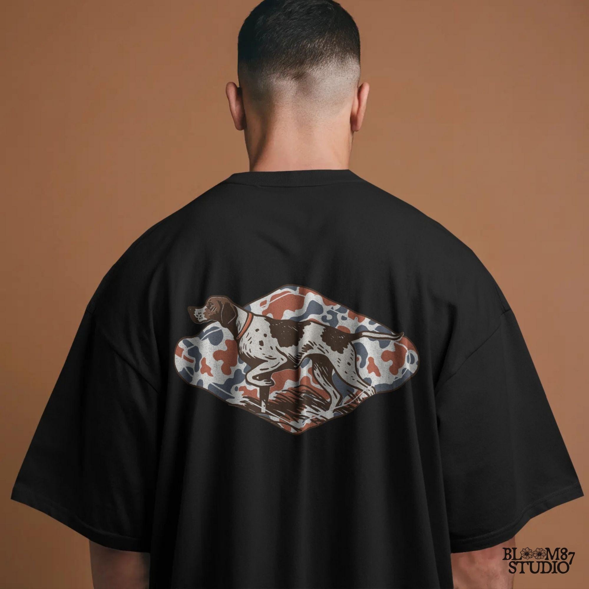 Patriotic illustration of a pointing hunting dog in red, white, and blue camo background, perfect for upland hunting fans and 4th of July projects.