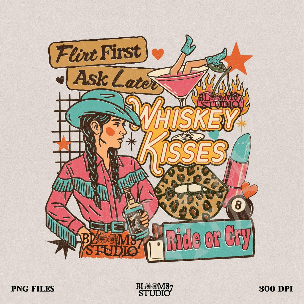 Colorful western collage of a sassy cowgirl with braids holding whiskey, surrounded by cherries, lipstick, leopard lips, and retro text quotes.