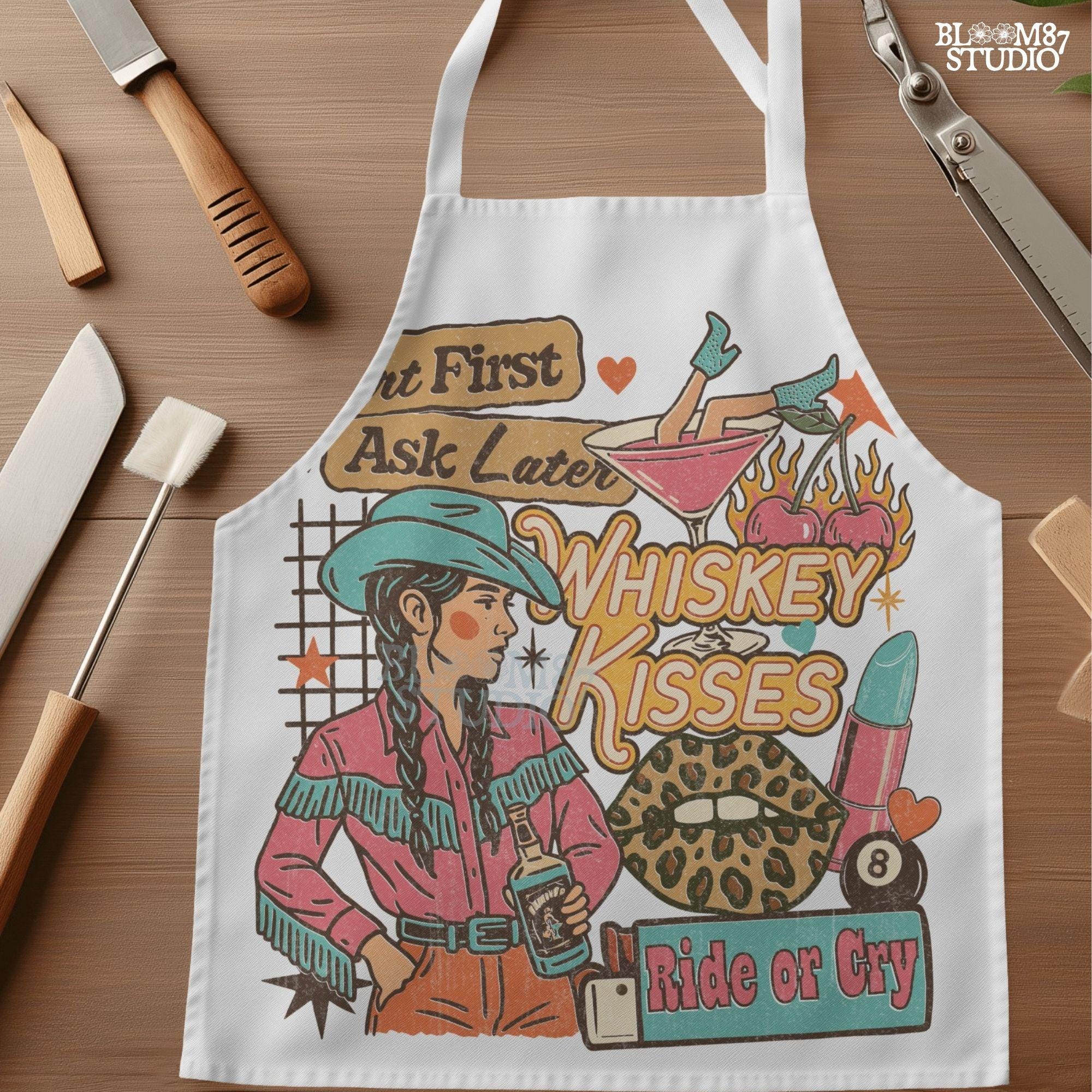 Colorful western collage of a sassy cowgirl with braids holding whiskey, surrounded by cherries, lipstick, leopard lips, and retro text quotes.