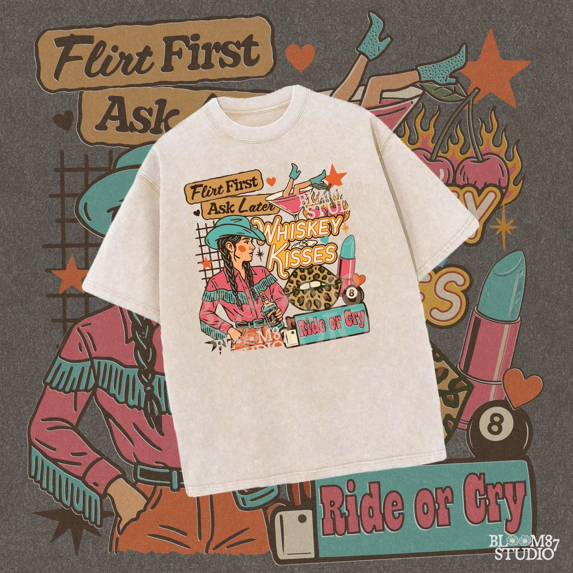 Colorful western collage of a sassy cowgirl with braids holding whiskey, surrounded by cherries, lipstick, leopard lips, and retro text quotes.