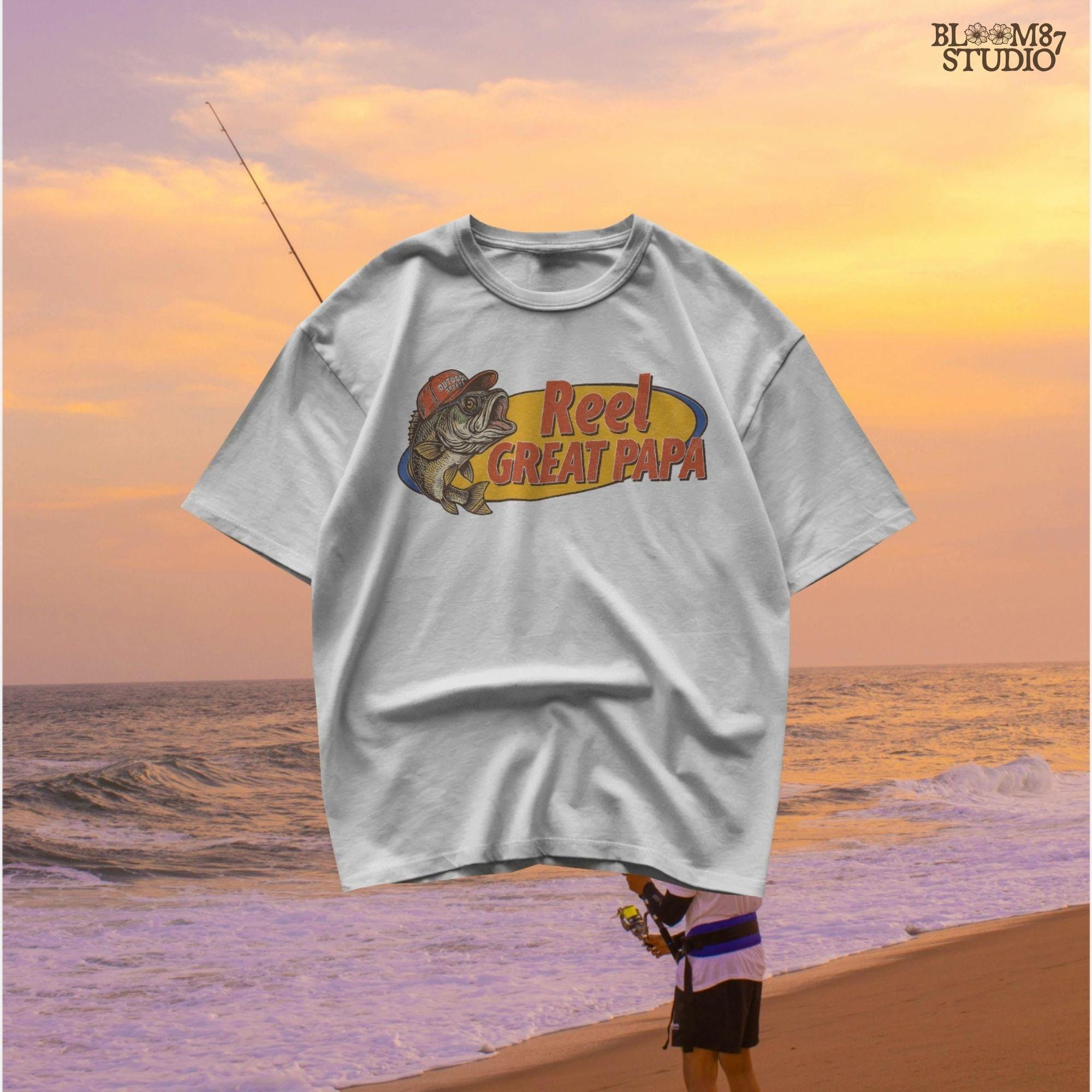 Funny fishing design with bass fish and “Reel Great Papa” text – vintage-style PNG for Father’s Day sublimation gift.
