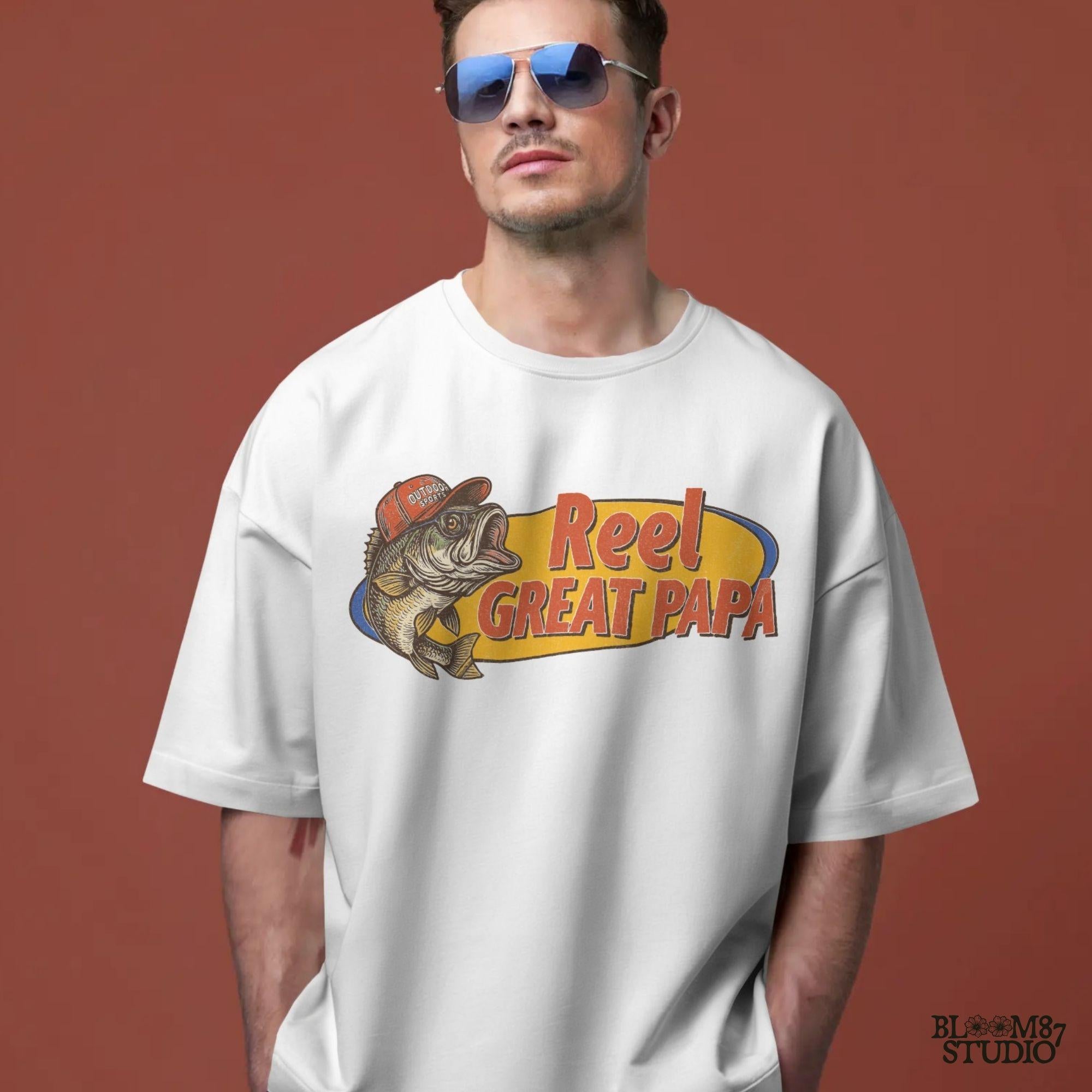 Funny fishing design with bass fish and “Reel Great Papa” text – vintage-style PNG for Father’s Day sublimation gift.