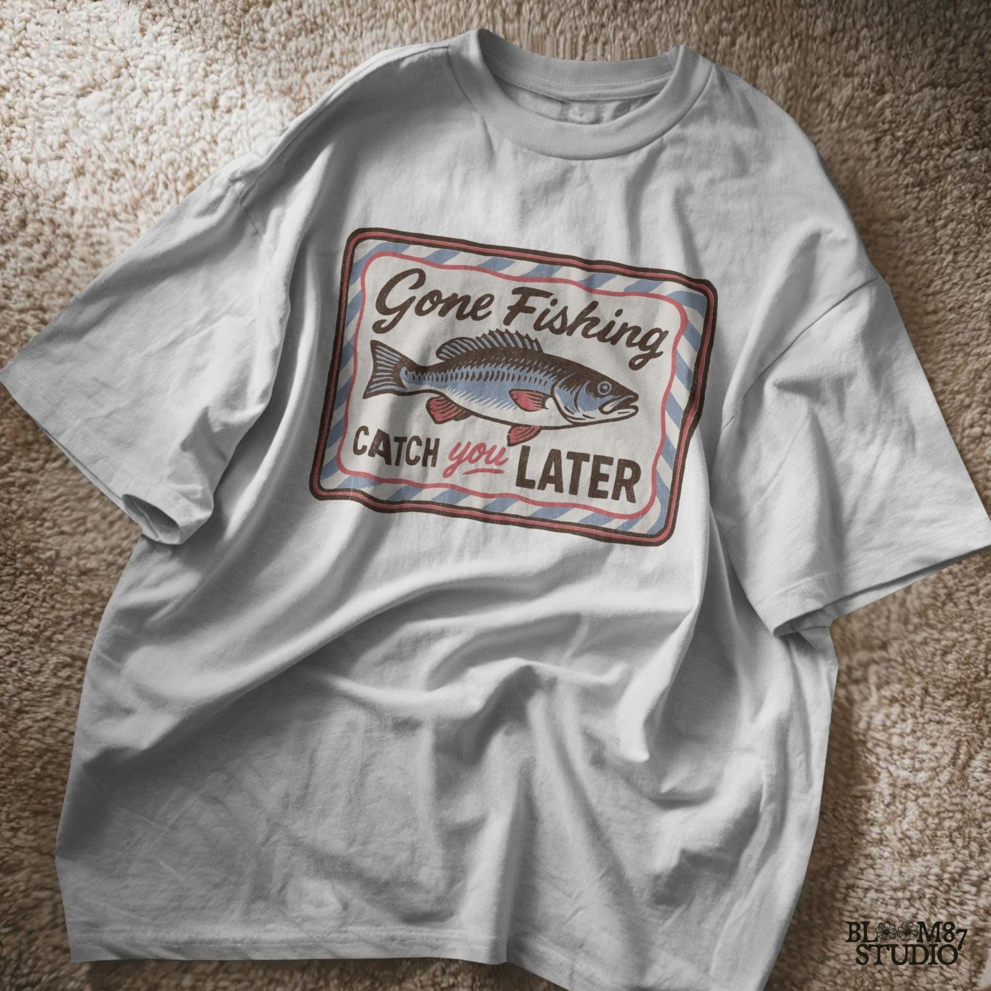 Vintage-style “Gone Fishing Catch You Later” sign with a bold blue and red fish illustration and striped border, ideal for fishing lovers.