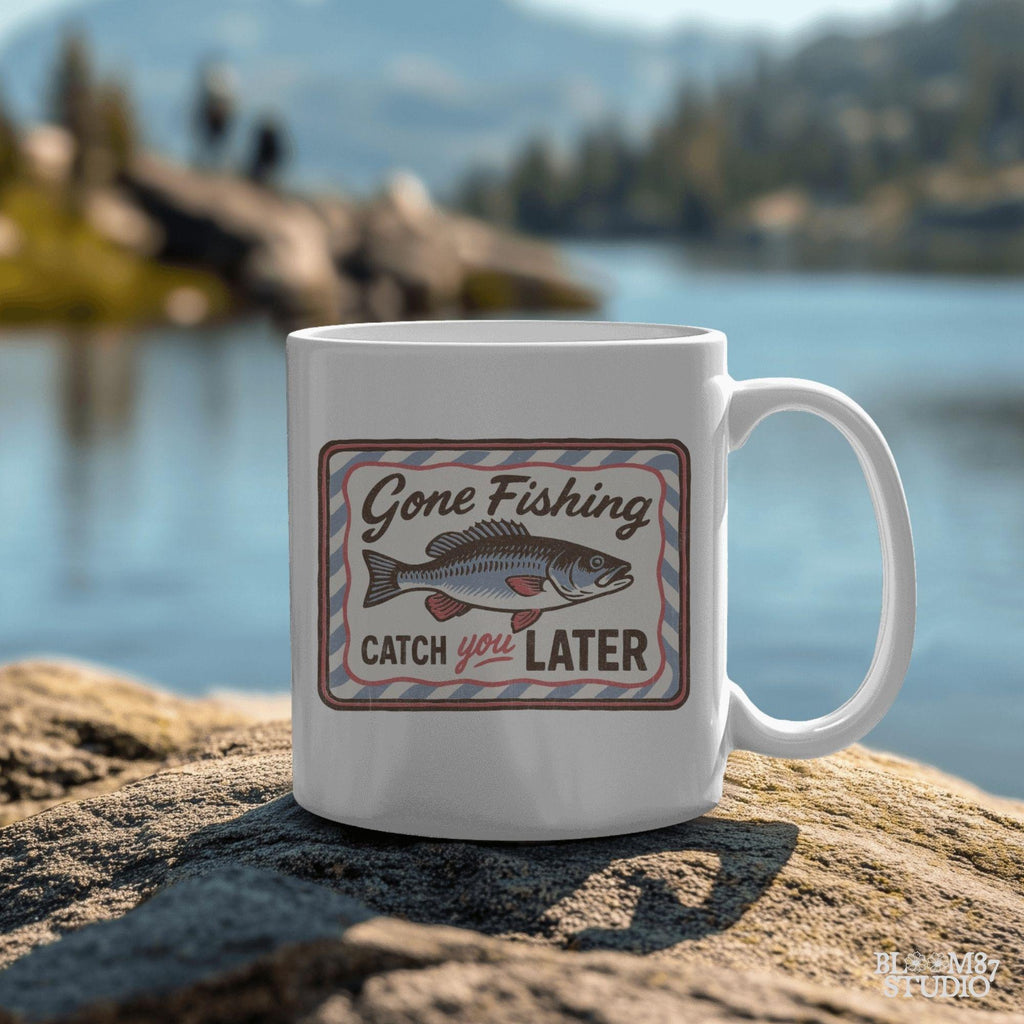 Vintage-style “Gone Fishing Catch You Later” sign with a bold blue and red fish illustration and striped border, ideal for fishing lovers.